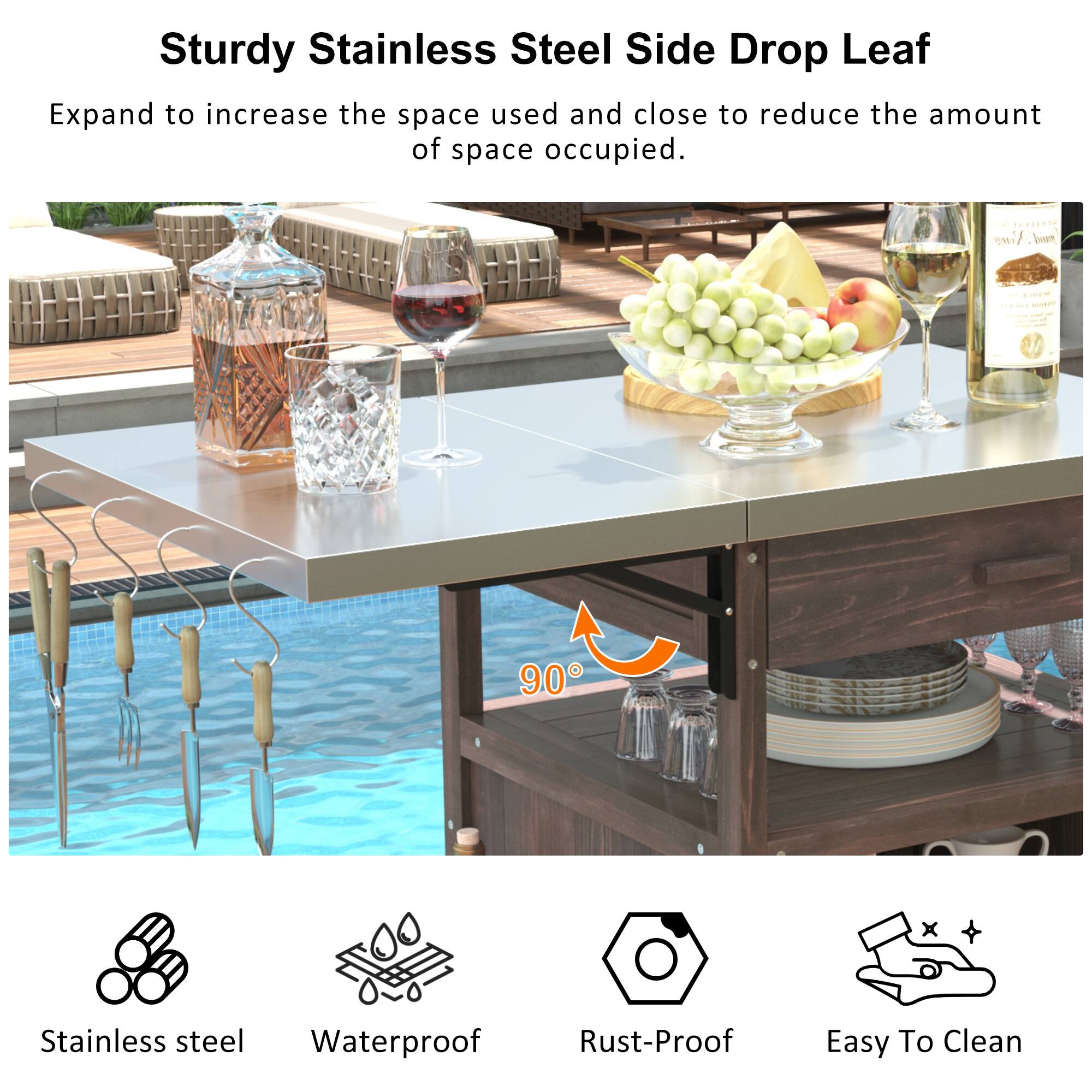 Sturdy Stainless Steel Side Drop Leaf

Expand to increase the space used and close to reduce the amount of space occupied.

- Stainless steel
- Waterproof
- Rust-Proof
- Easy To Clean
