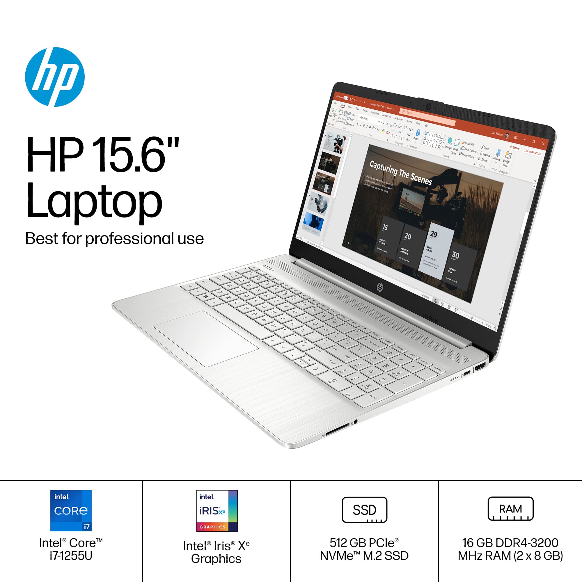 HP 15.6" Laptop Best for professional use - Capturing The Scenes 75 20 29 30 - intel CORE intel iRISx SSD RAM 17 M Intel" Core i7-1255U GRAPHIES Intel Iris Xe Graphics 512 GB PCle TM NVMe M.2 SSD 16 GB DDR4-3200 MHz RAM (2 x 8 GB)