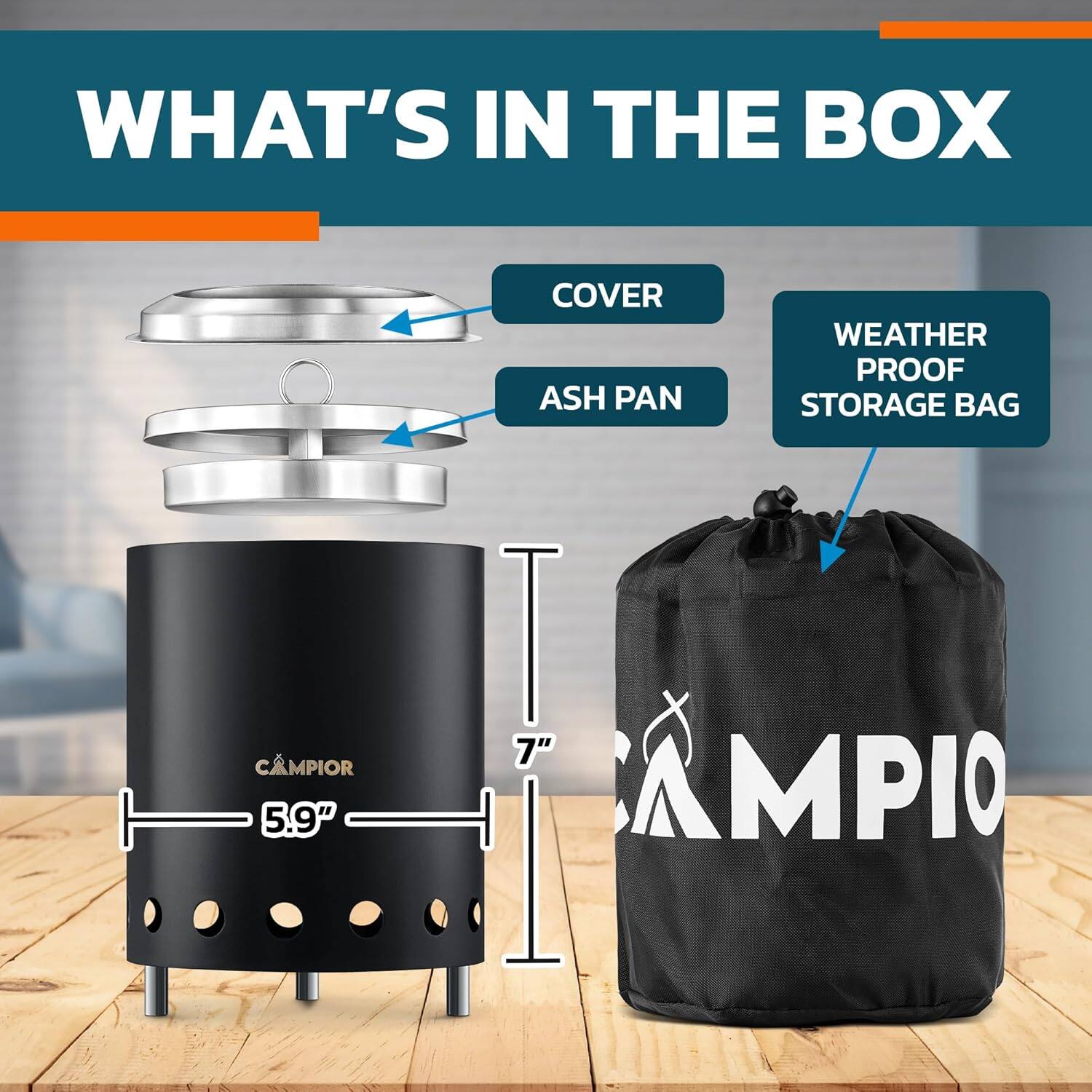 WHAT'S IN THE BOX, COVER, ASH PAN, WEATHER PROOF STORAGE BAG, CAMPIOR, 5.9", 7", CAMPIOR