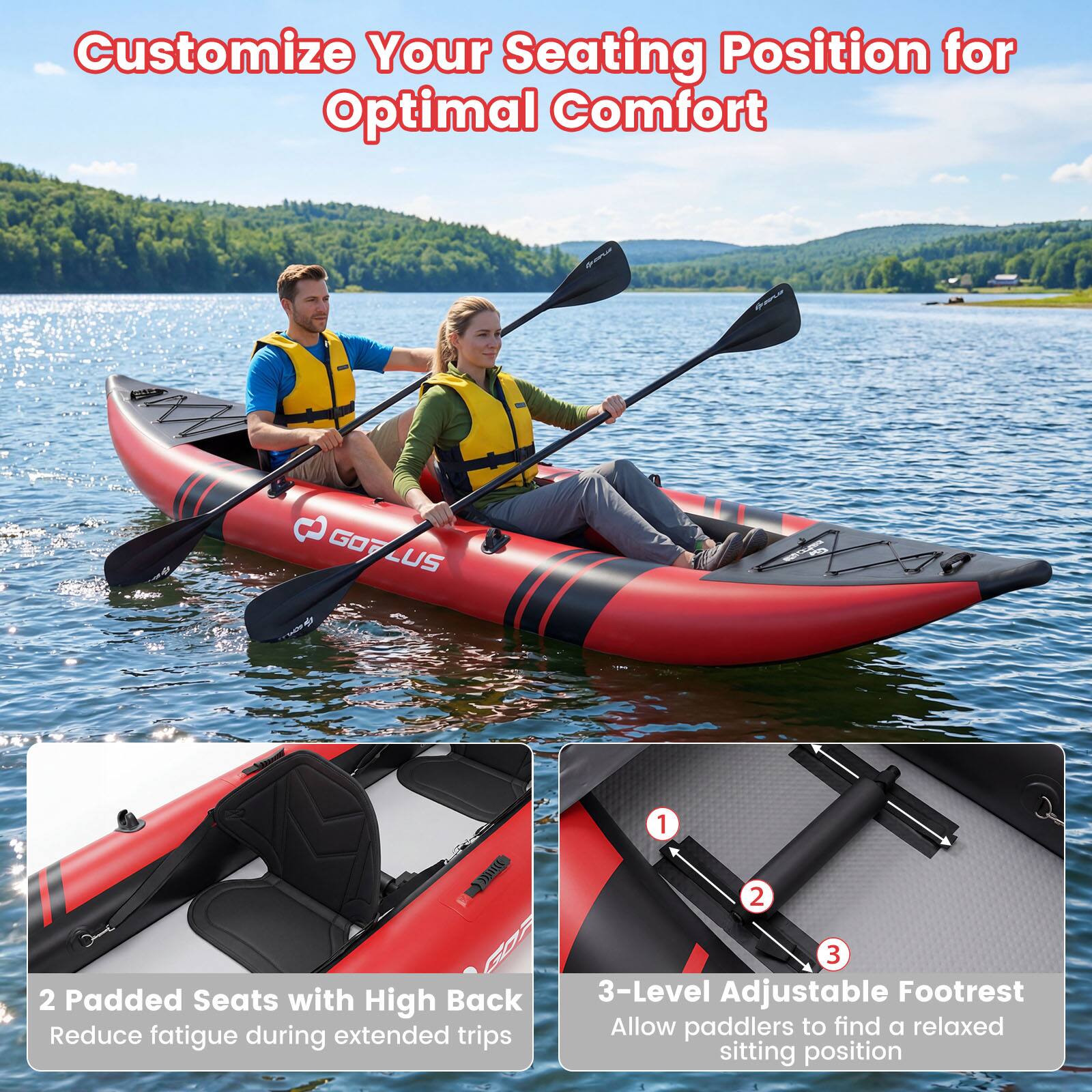Customize Your Seating Position for Optimal Comfort

1. 2 Padded Seats with High Back
   - Reduce fatigue during extended trips

2. 3-Level Adjustable Footrest
   - Allow paddlers to find a relaxed sitting position