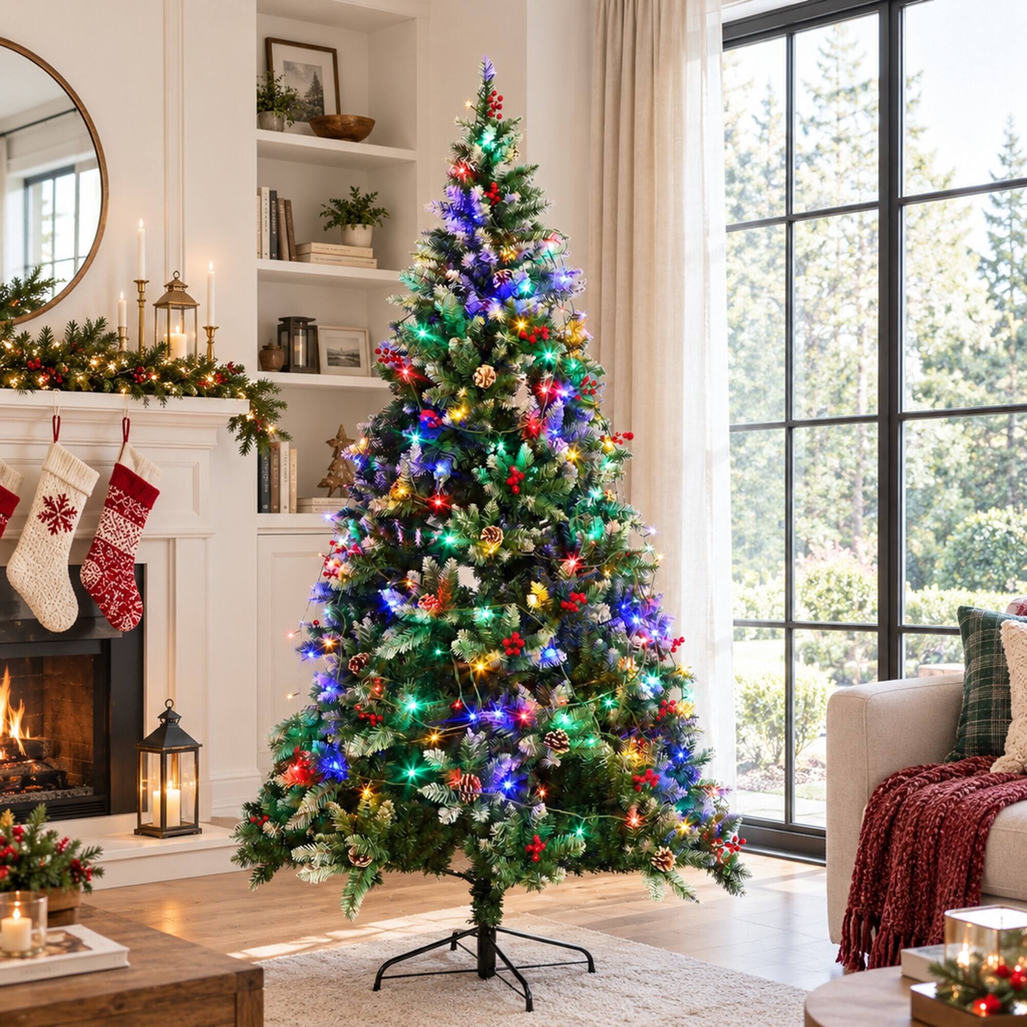 Back. RYHNUYNE - 6FT Pre-Lit Artificial Christmas Tree With 150 LED Lights and 750 Tips, Green Metal Hinges and Foldable Base - Army Green.