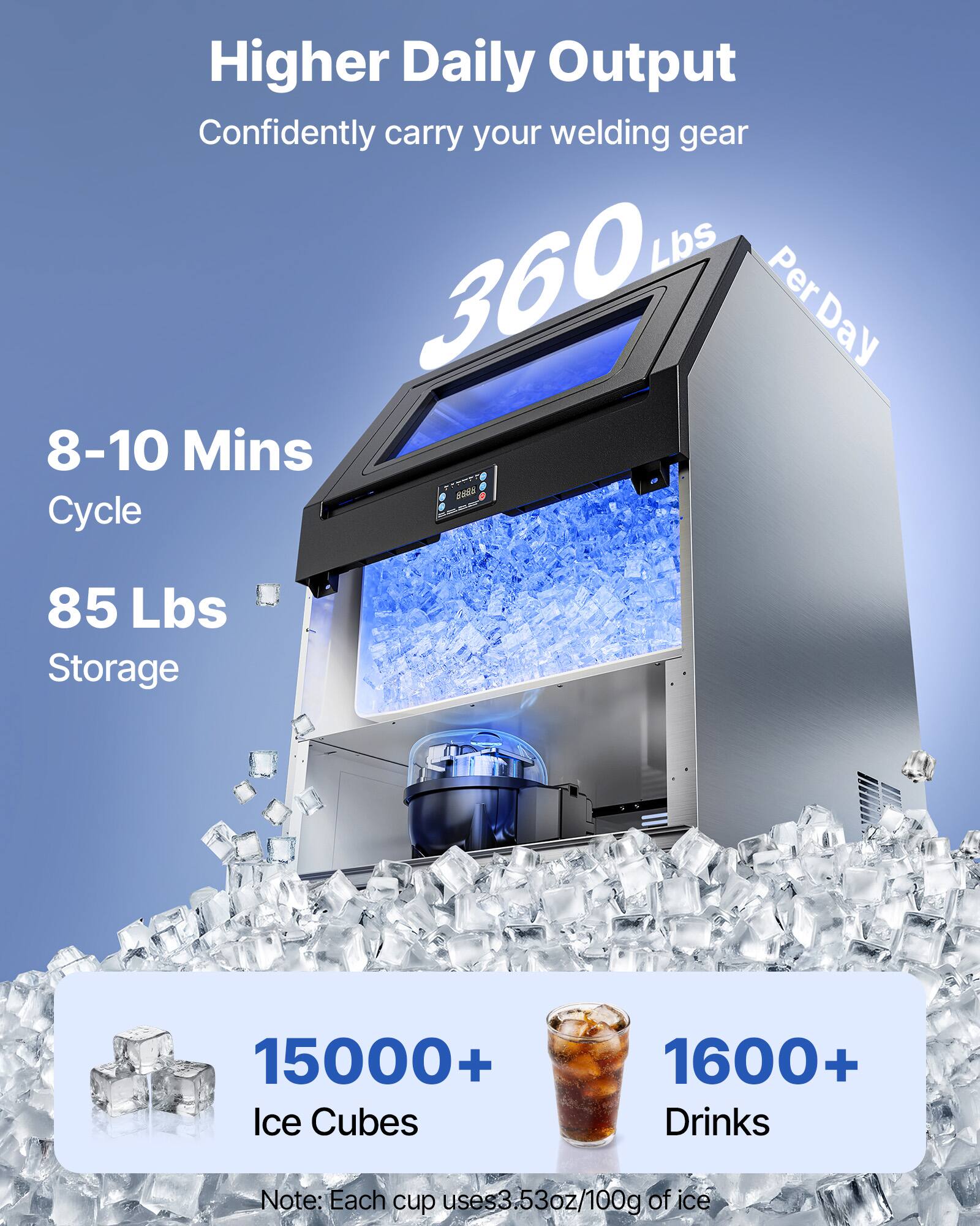 Higher Daily Output  
Confidently carry your welding gear  

360 Lbs Per Day  

8-10 Mins Cycle  
85 Lbs Storage  

15000+ Ice Cubes  
1600+ Drinks  

Note: Each cup uses 3.53oz/100g of ice