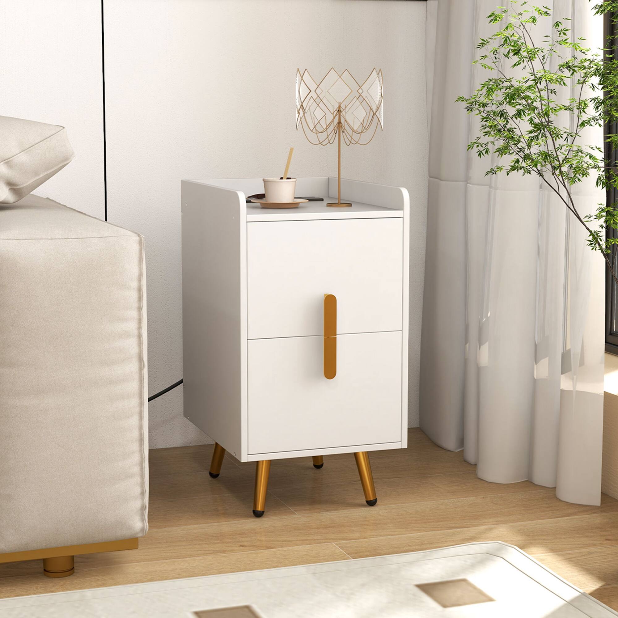 Alt View 11. Costway - Nightstand with Charging Station Home Bedside Sofa Side Tables with 2 Drawers - White.