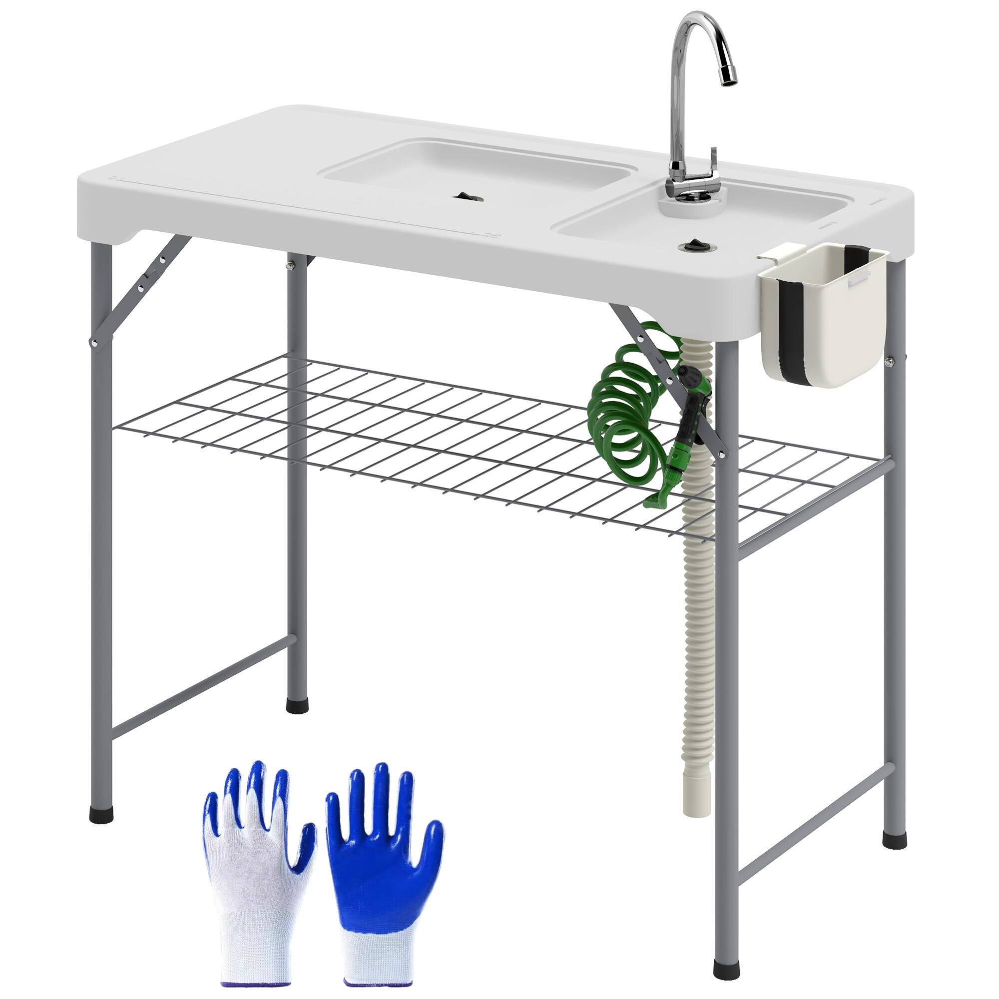Front. Outsunny - Folding Fish Cleaning Table with Sinks, Portable Camping Sink Table with Faucet, Drainage Hose, Sprayer, Shelf - White.