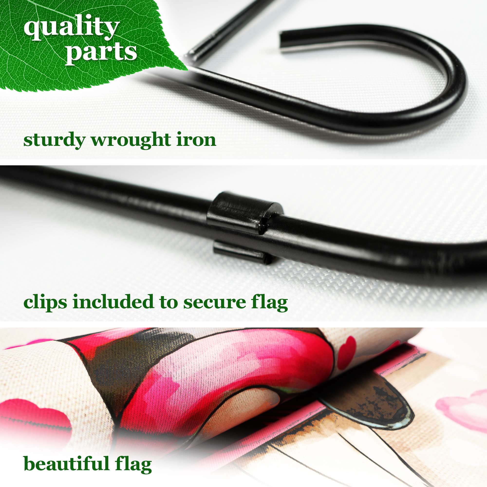 - Quality parts
- Sturdy wrought iron
- Clips included to secure flag
- Beautiful flag