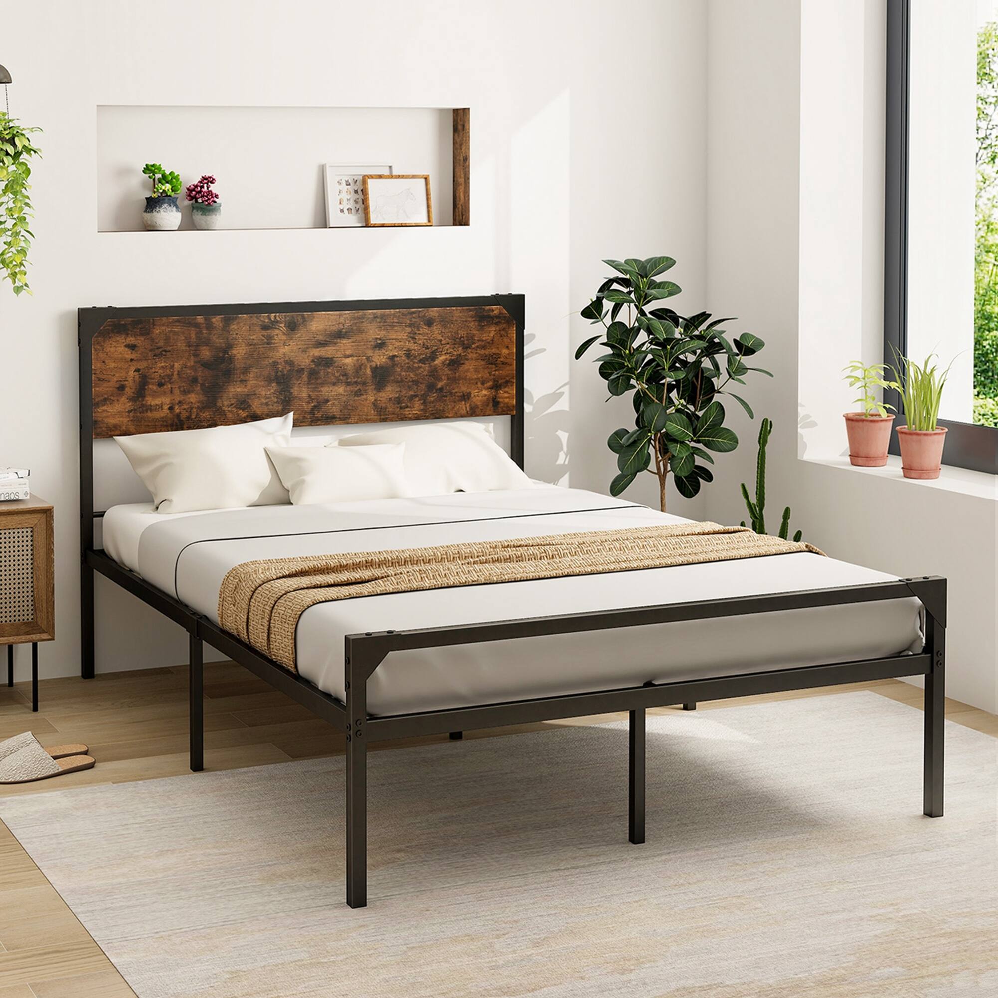 Alt View 1. Costway - Costway Platform Full Bed with Rustic Headboard & Footboard Strong Metal Slat Support - Rustic Brown,Black.