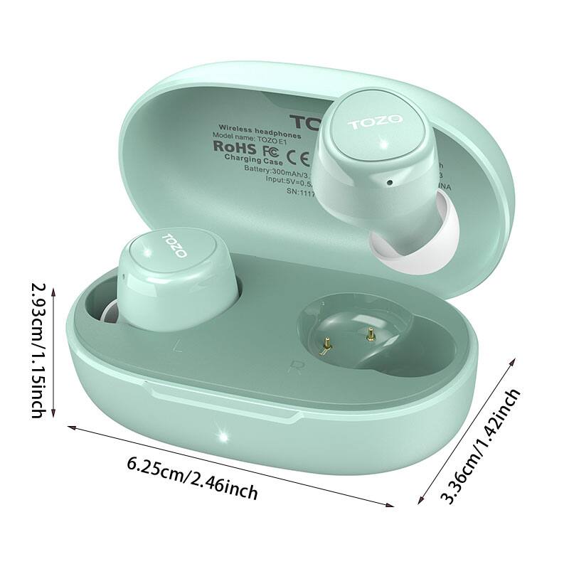 Wireless headphones
Model name: TOZOE1
Charging Case
Battery: 300mAh/3.5V
Input: 5V=0.5A
SN: 1112
TOZO
6.25cm/2.46inch
3.36cm/1.42inch
2.93cm/1.15inch