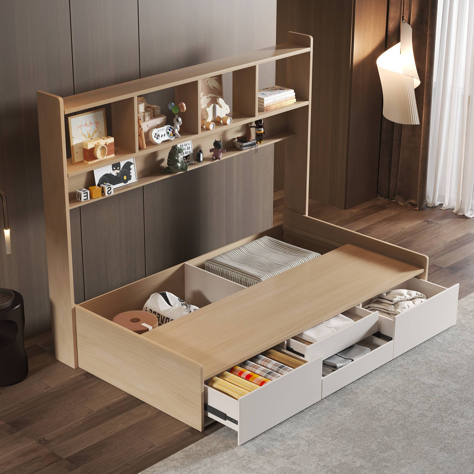 Alt View 2. luck idea - 83.85" Kids' Bed with Four Drawers and Bookshelf - Natural Color.