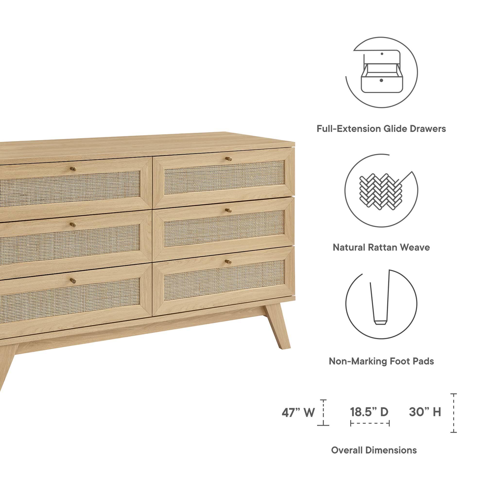Full-Extension Glide Drawers  
Natural Rattan Weave  
Non-Marking Foot Pads  

Overall Dimensions:  
47" W x 18.5" D x 30" H