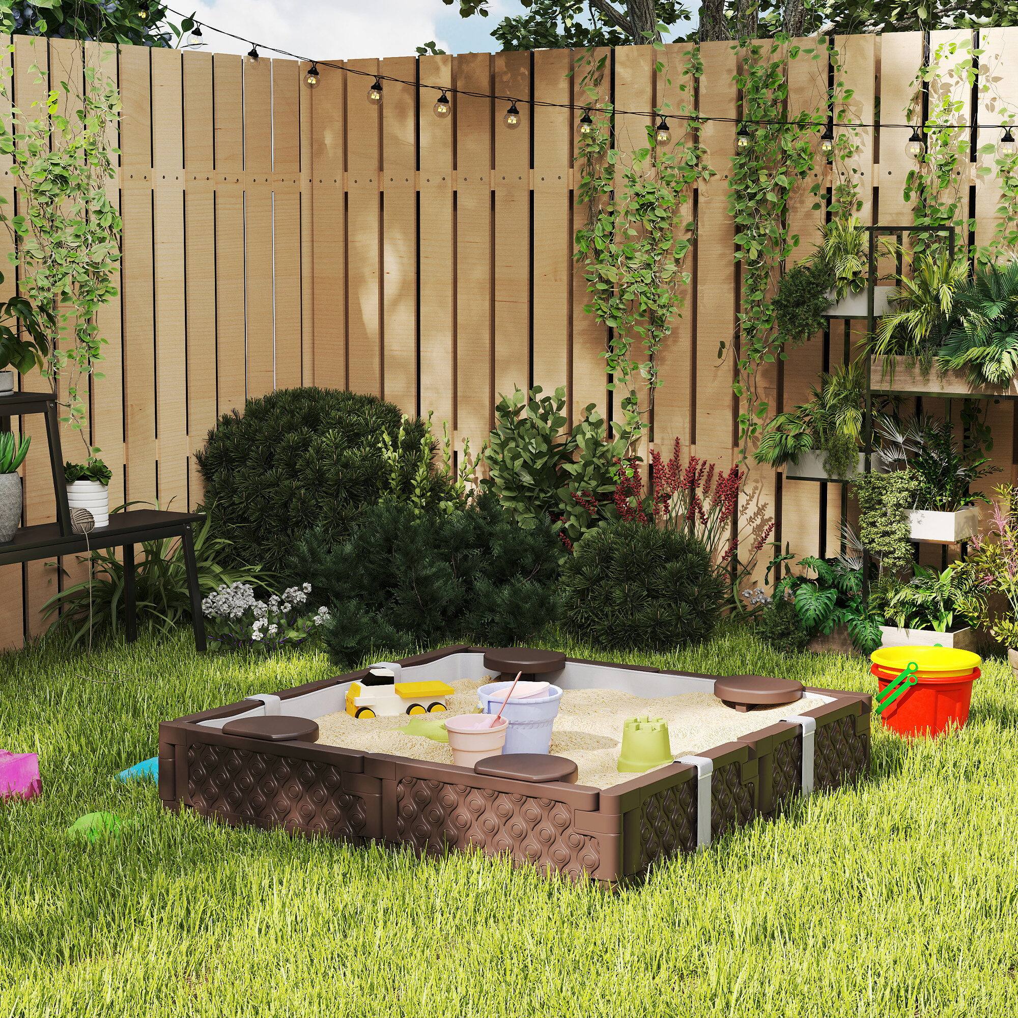 Angle. Qaba - Kids Sandbox with Cover, Square 47" Sand Pit, 4 Seats, Weather Resistant, Backyard, Lawn, Garden, Beach, Patio.