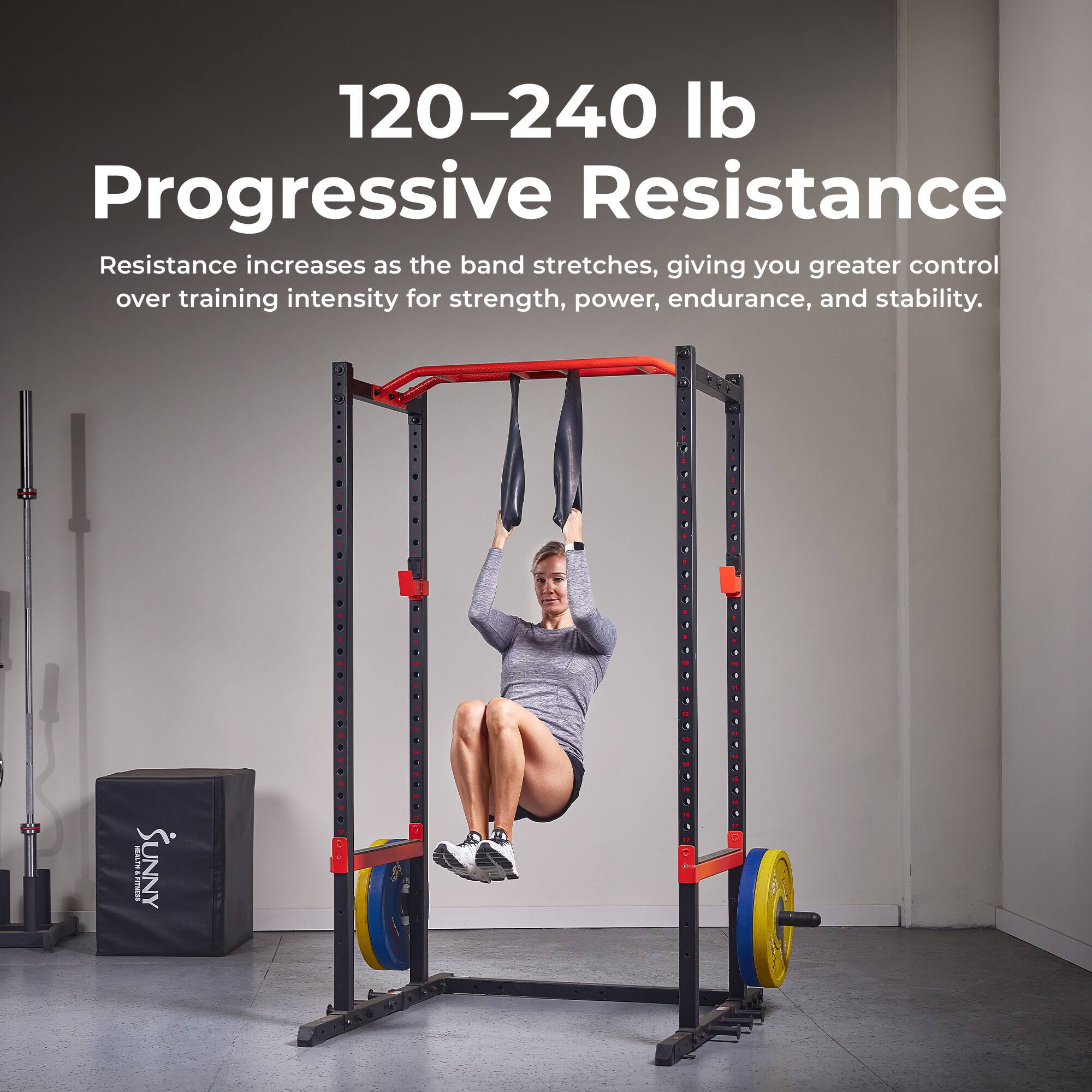 120-240 lb Progressive Resistance  
Resistance increases as the band stretches, giving you greater control over training intensity for strength, power, endurance, and stability.