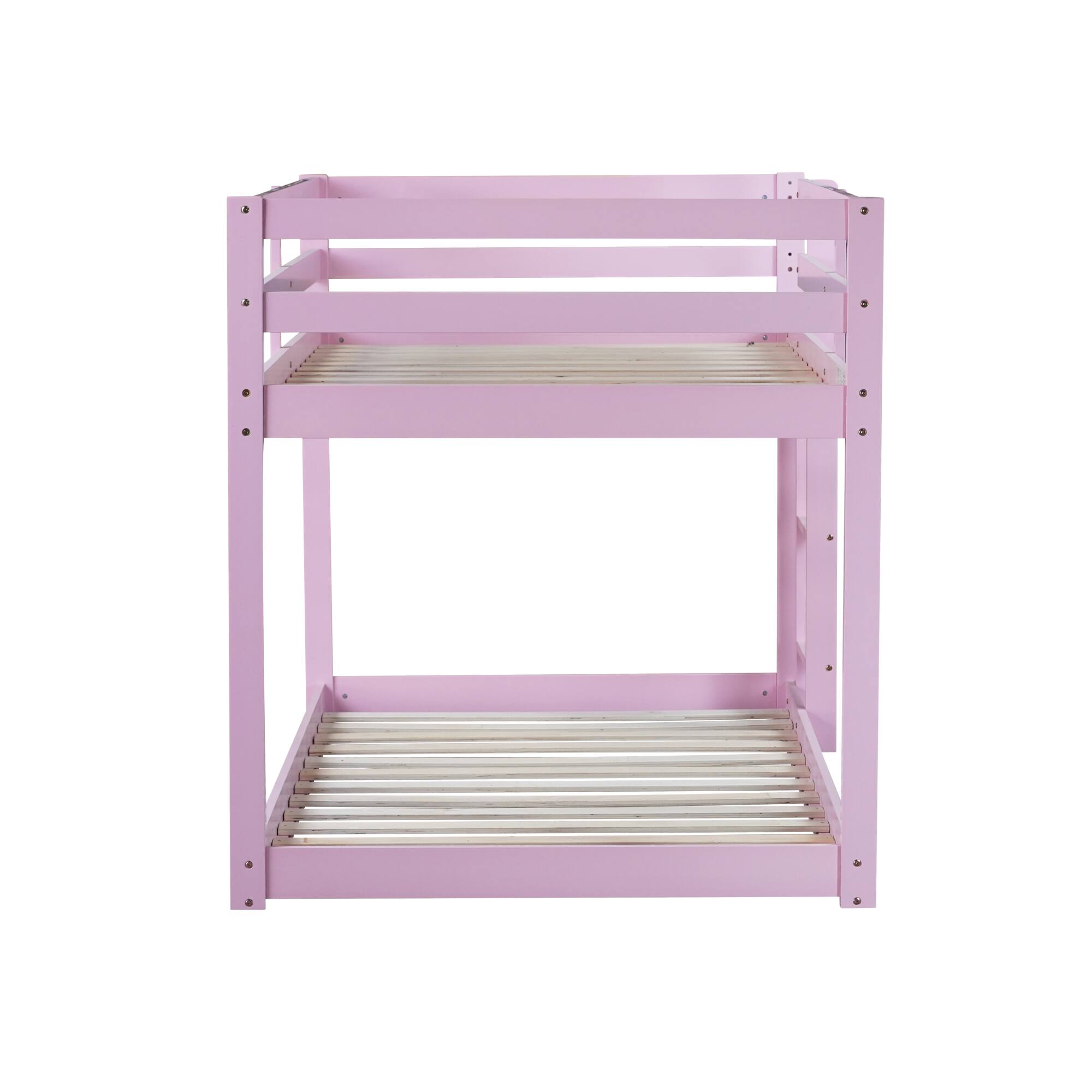 Alt View 1. GOODSILO - Solid Wood Twin Over Twin Floor Bunk Bed with Ladder and Strengthened Slats for Enhanced Stability - Pink.