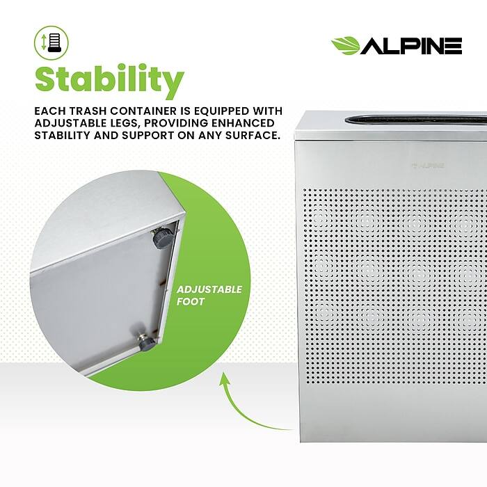 Stability
EACH TRASH CONTAINER IS EQUIPPED WITH ADJUSTABLE LEGS, PROVIDING ENHANCED STABILITY AND SUPPORT ON ANY SURFACE.
ALPINE ADJUSTABLE FOOT