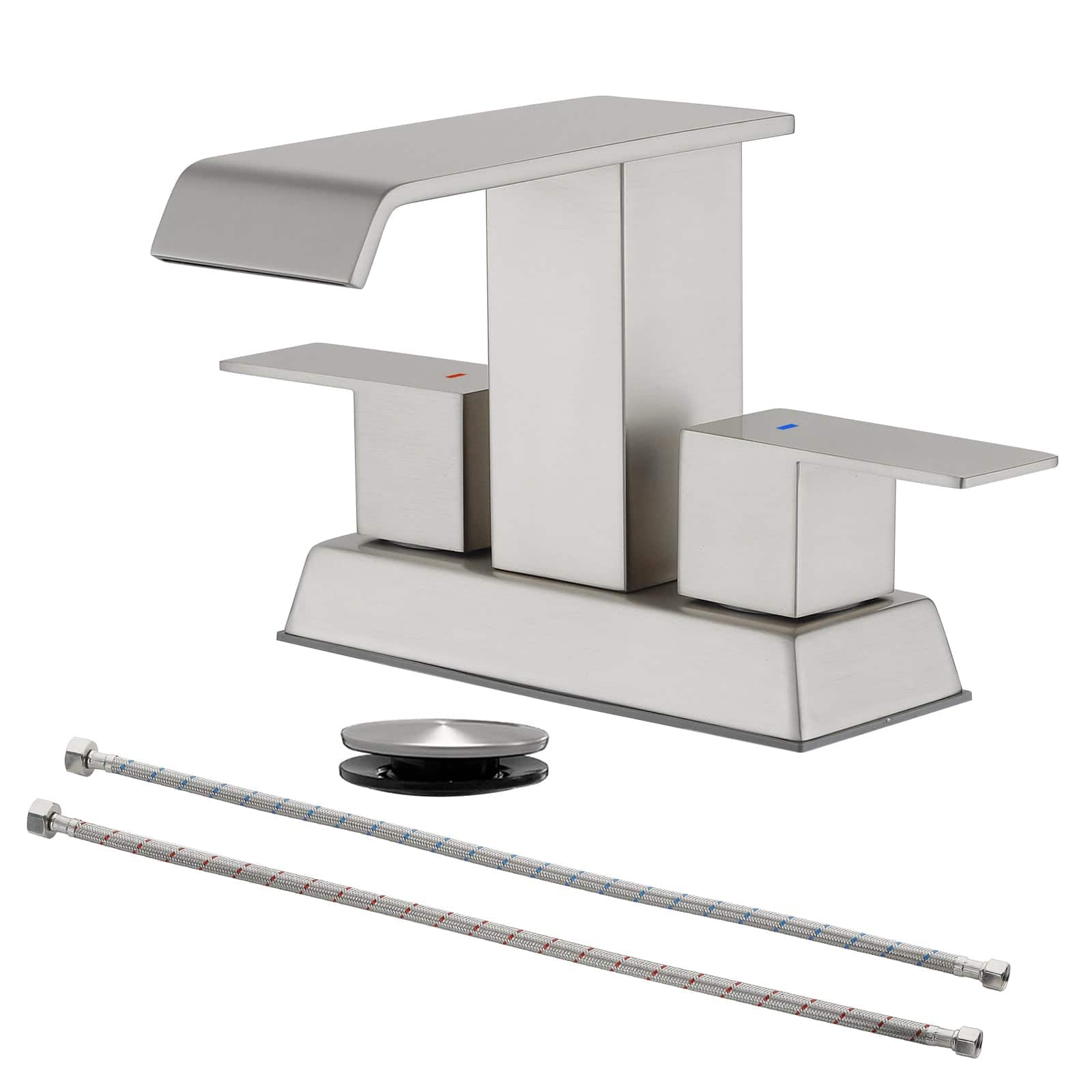 Brushed 4 Inch Centerset Faucet SUS304 Waterfall Spout 1.2GPM Dual Handle Pop Up Drain price history on PriceWatchPro