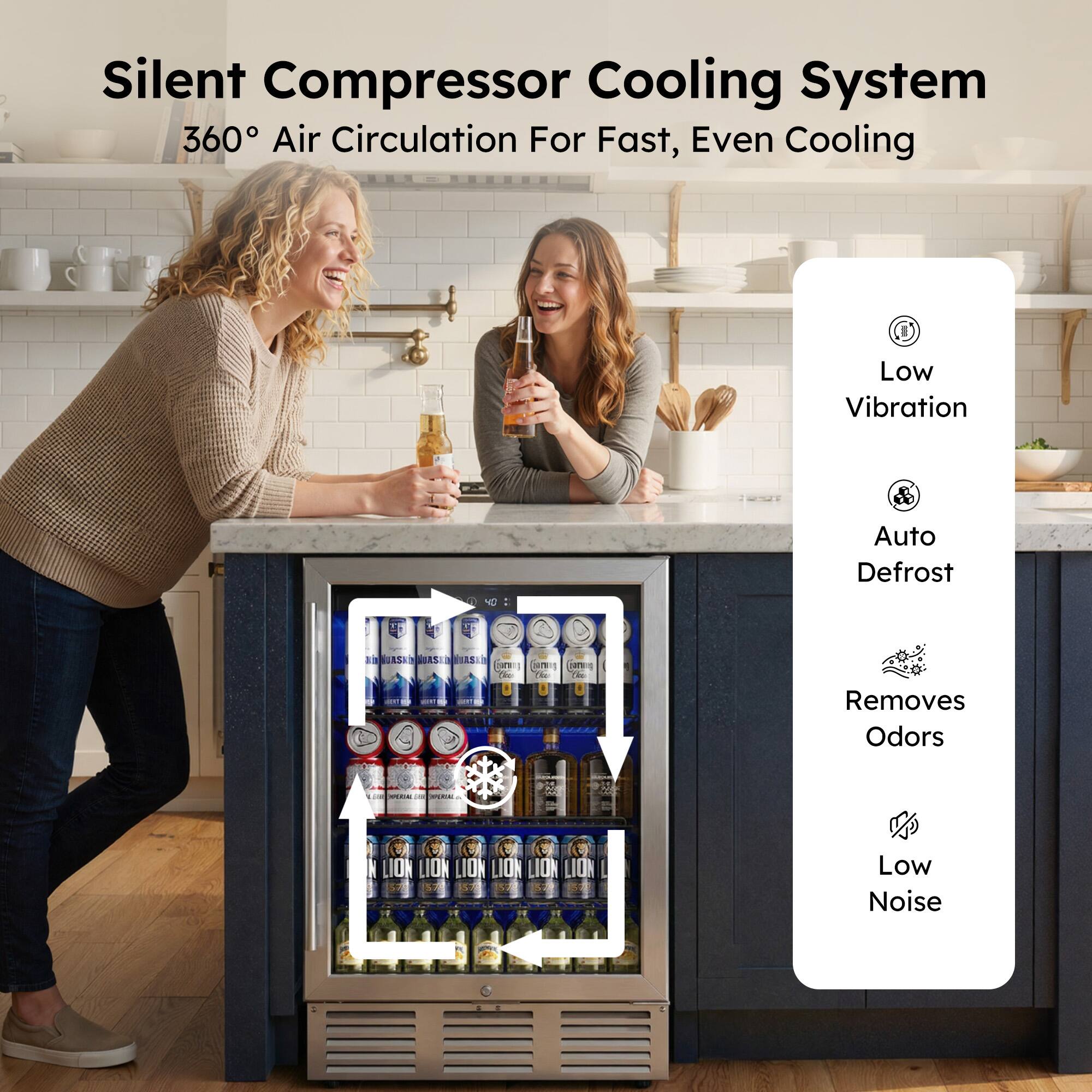 Silent Compressor Cooling System  
360° Air Circulation For Fast, Even Cooling  

- Low Vibration  
- Auto Defrost  
- Removes Odors  
- Low Noise
