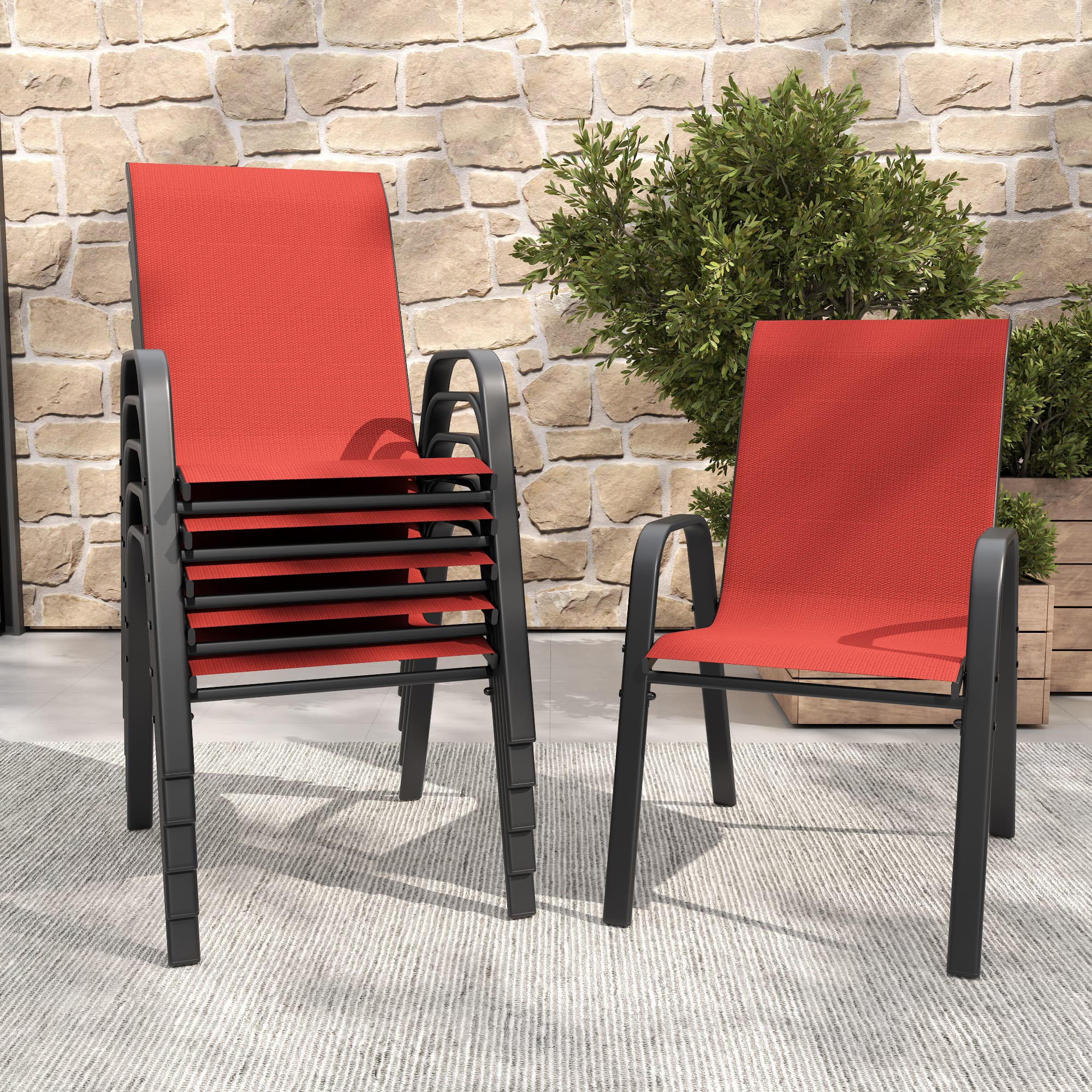 Mondawe - 6-Piece Outdoor Dining Chairs Set, Teslin Fabric and Metal Frame - Black+Red
