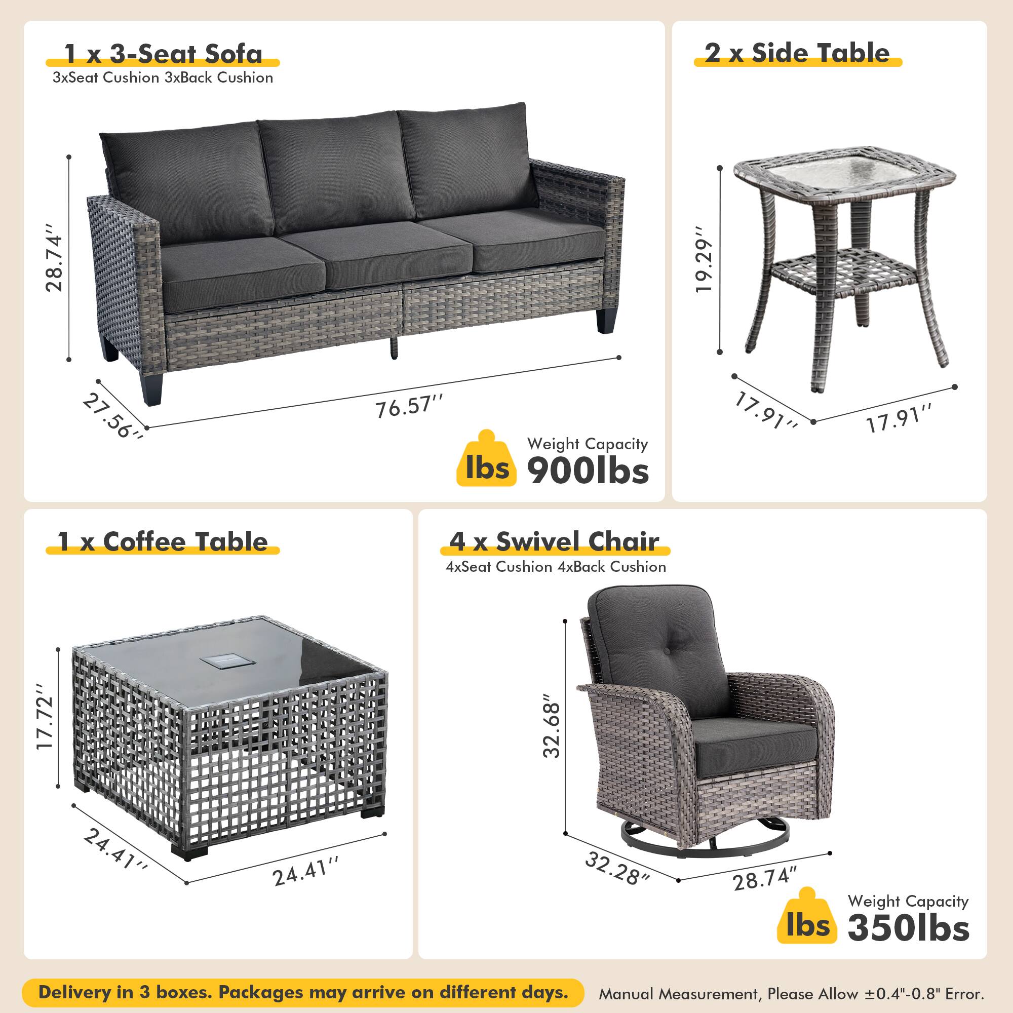 Alt View 1. Ovios - 8 PCS Patio Furniture, 3 Seat Sofa with Coffee Table, Swivel Chairs with Side Table for Yard - Black.