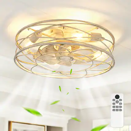 Front. JAZAVA - 20-Inch White and Gold Low Profile Indoor Ceiling Fan with Light, 100-240V - White and Gold.