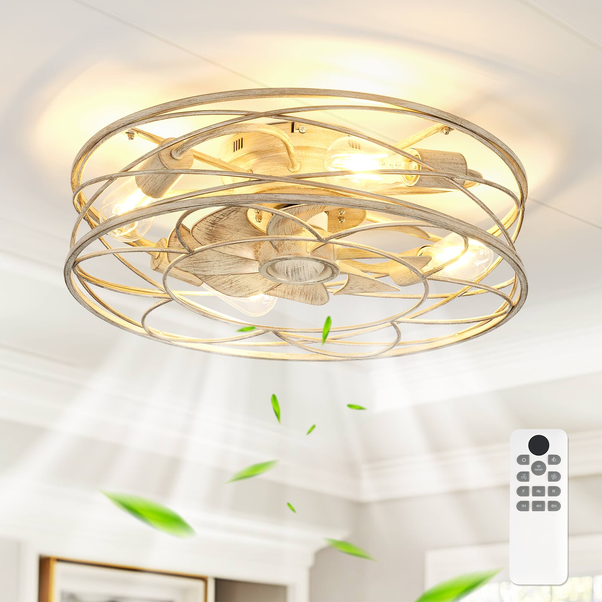 Front. JAZAVA - 20-Inch White and Gold Low Profile Indoor Ceiling Fan with Light, 100-240V - White and Gold.