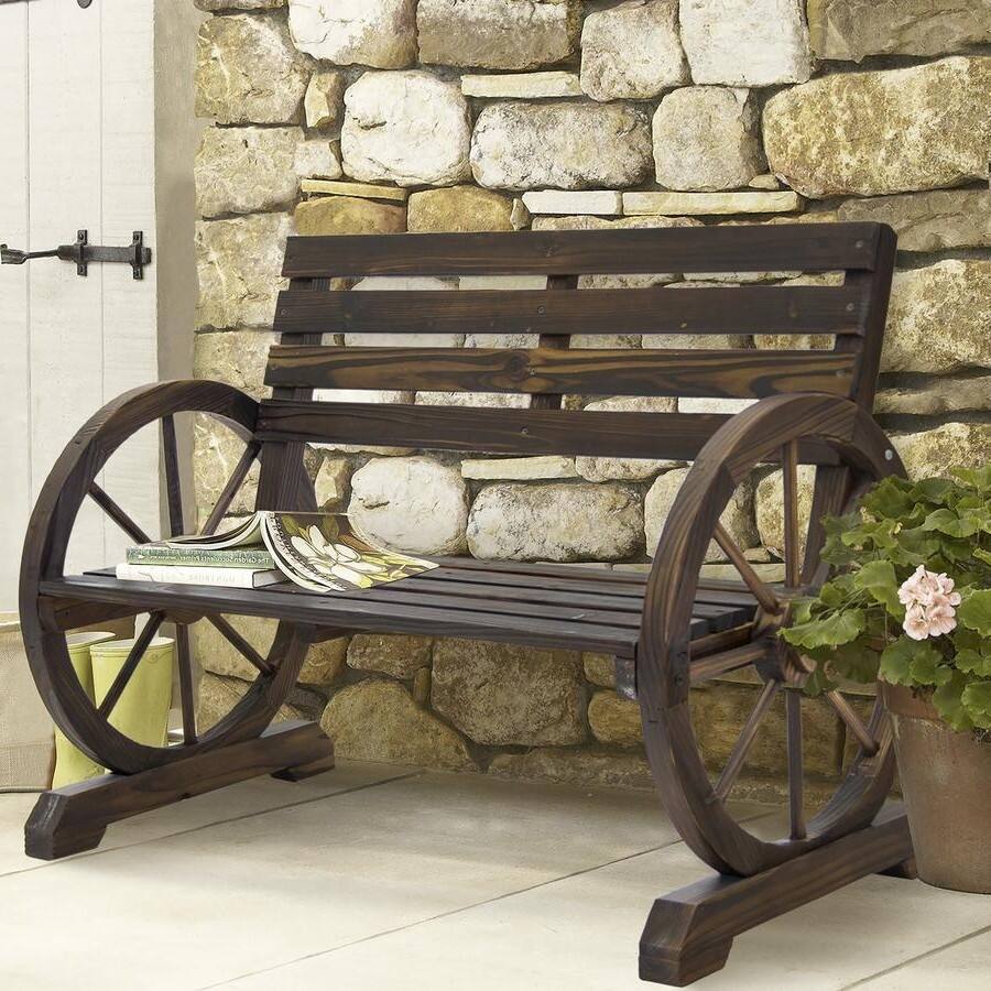 Angle. Hivvago - 2 Person Farmhouse Wagon Wheel Wooden Bench - Brown.