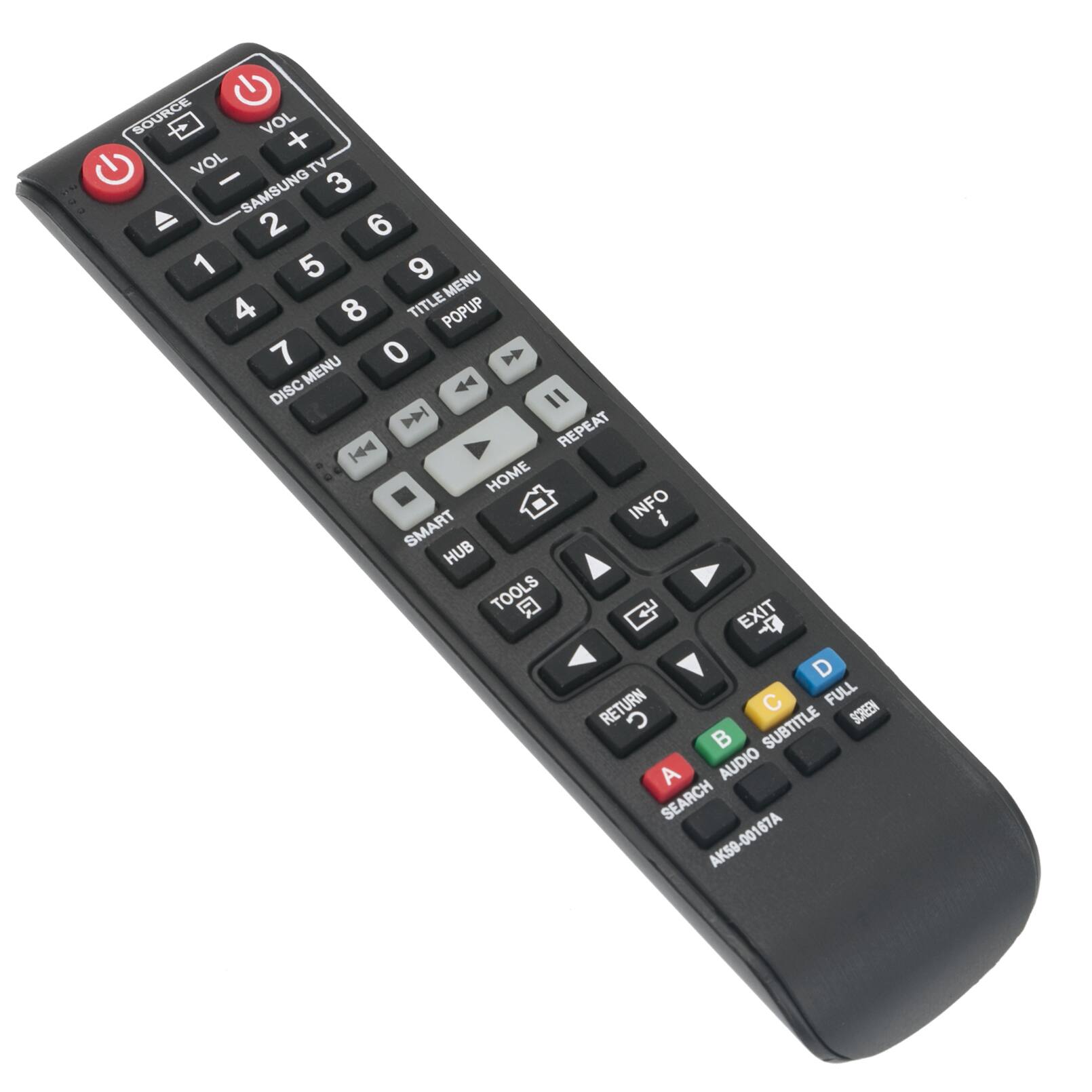 SOURCE VOL + VOL - TV SAMSUNG 3 2 6 1 5 9 MENU 4 8 TITLE POPUP 7 0 DISC MENU 44 REPEAT | HOME INFO SMART HUB TOOLS C EXIT D RETURN FULL SUBTITLE SCREEN B A AUDIO SEARCH AK59-00167A