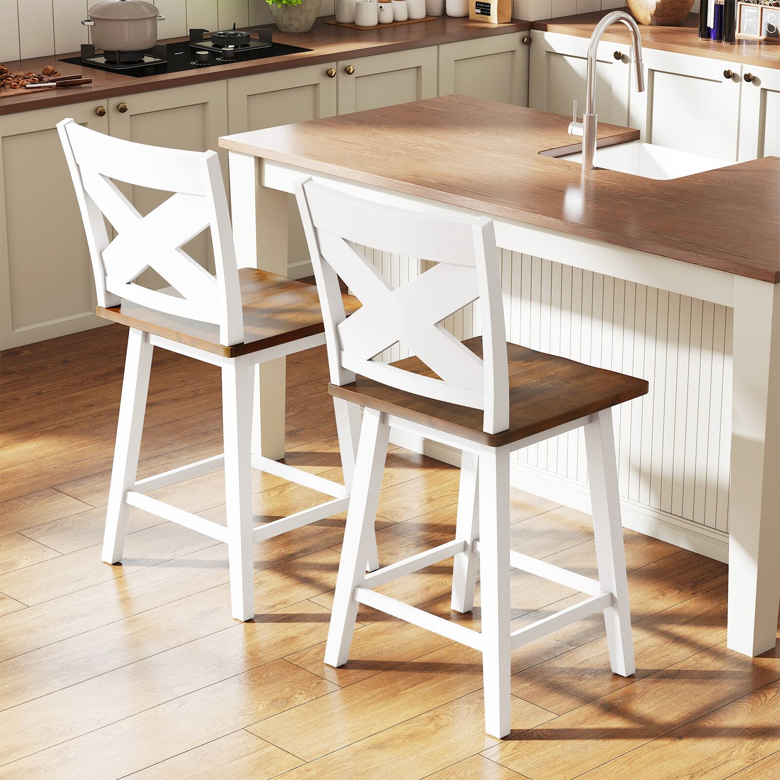 Alt View 4. Gymax - Gymax 24'' Swivel Barstools Set of 4 w/Backrest Large Seat Footrest for Kitchen Island White & Walnut - White.