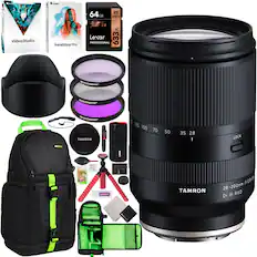 - VideoStudio
- PaintShop Pro
- 64GB Lexar Professional 95 MB/s 633x
- TAMRON 28-200mm F/2.8-5.6 Di III RXD
- Uonogar filters (UV, CPL, ND)
- Tamron lens cap
- Tamron cleaning kit
- Black backpack with green accents
- Red tripod
- Tamron lens hood
- Tamron lens pouch