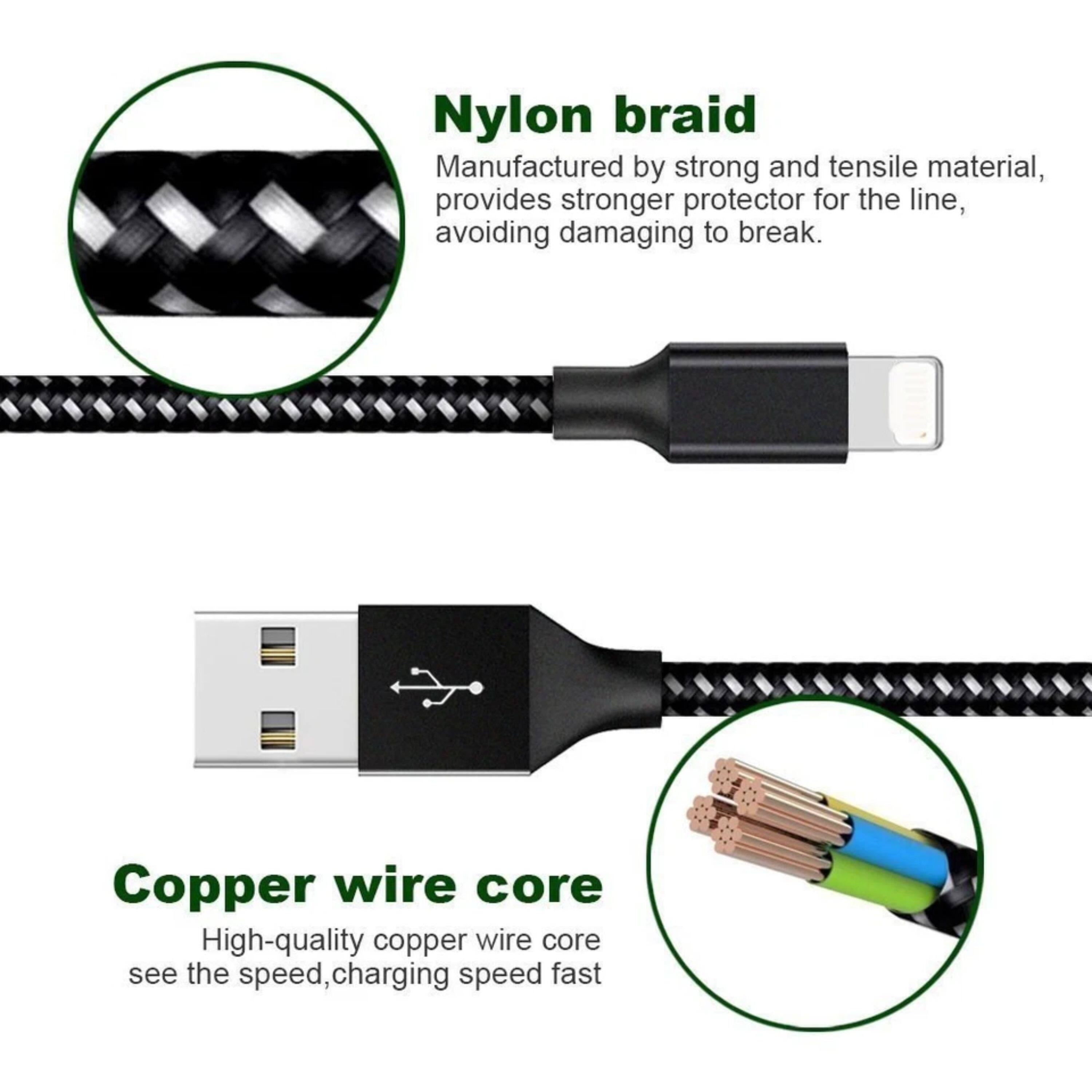 Nylon braid  
Manufactured by strong and tensile material, provides stronger protector for the line, avoiding damaging to break.  

Copper wire core  
High-quality copper wire core see the speed, charging speed fast