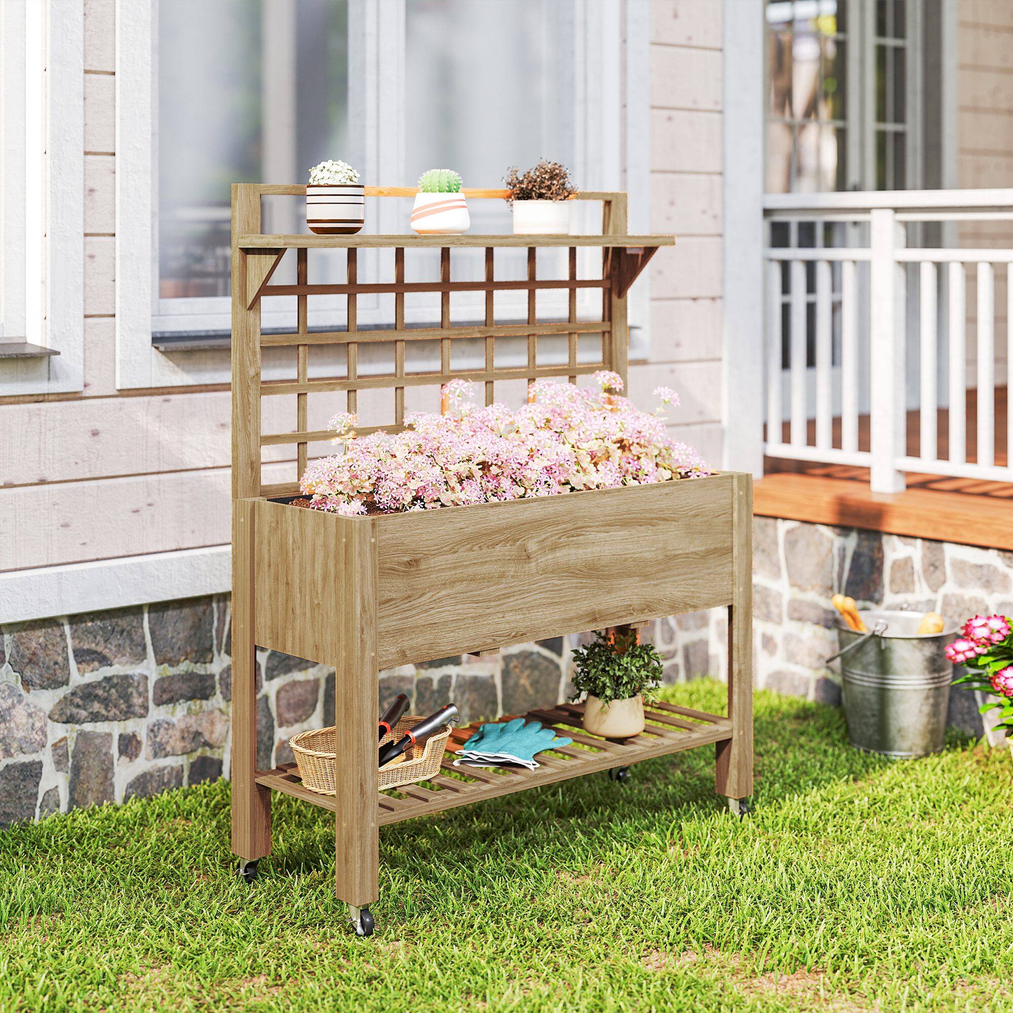 Alt View 8. Outsunny - Raised Garden Bed Mobile Elevated Wooden Planter Box Stand with Wheels, Trellis and Storage Shelf - Coffee.