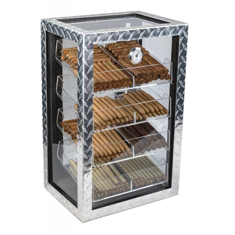 Angle. Prestige - Diamond Plate Display Humidor - Polished Industrial Diamond Plate Metal Exterior.