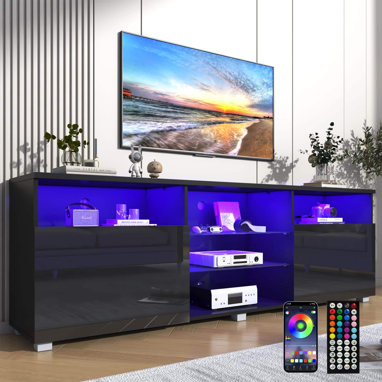 Lent Glitter Wood - LED TV Stand for 70/75 inch, High Glass Modern Entertainment Center with LED Lights and Glossy Cabinets - Black