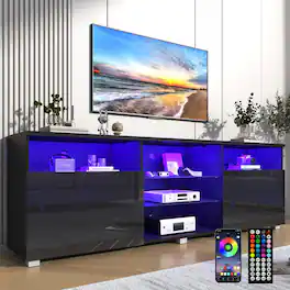 Lent Glitter Wood - LED TV Stand for 70/75 inch, High Glass Modern Entertainment Center with LED Lights and Glossy Cabinets - Black