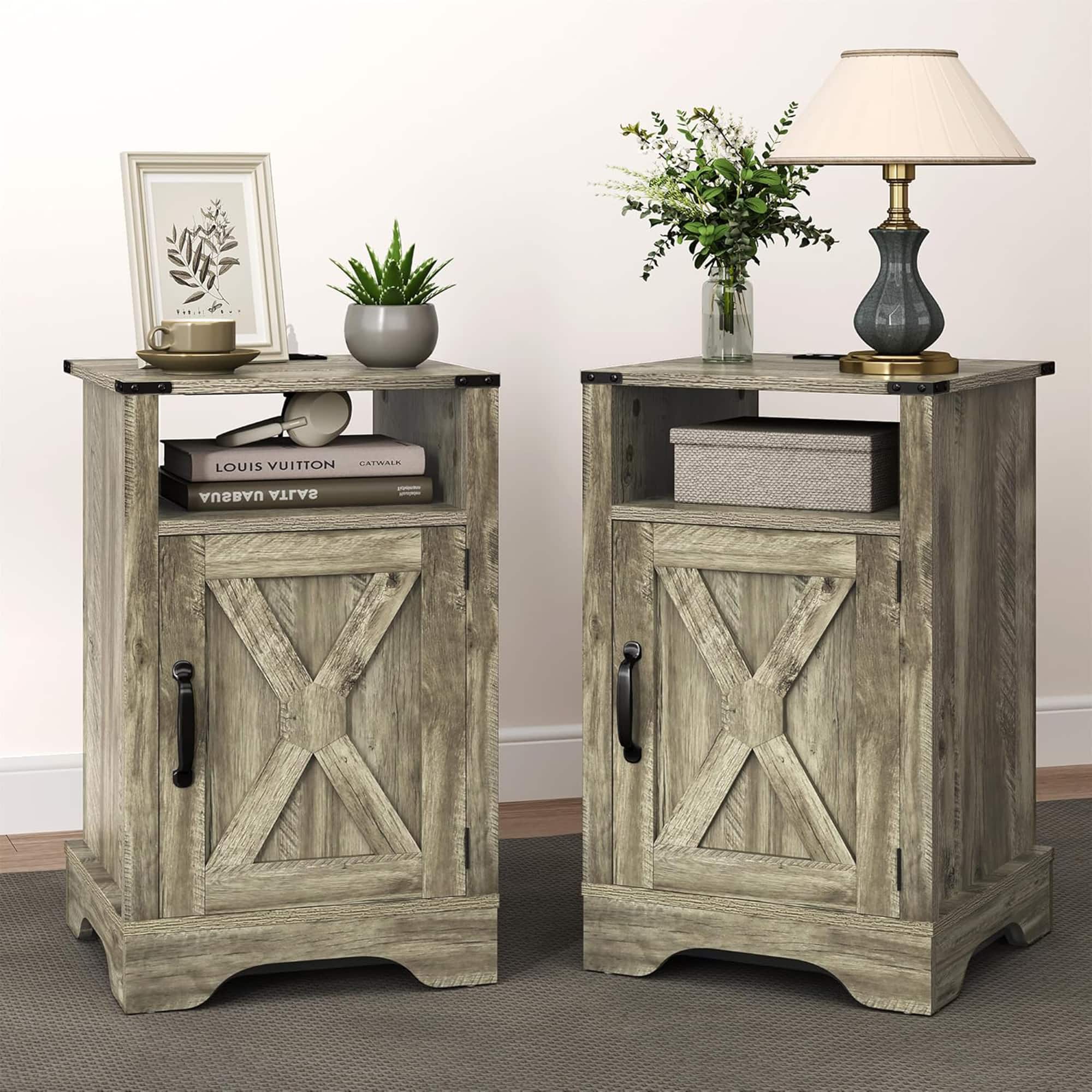 RoyalCraft - Farmhouse Nightstand with Charging Station, Set of 2, Light Grey - Light Gray
