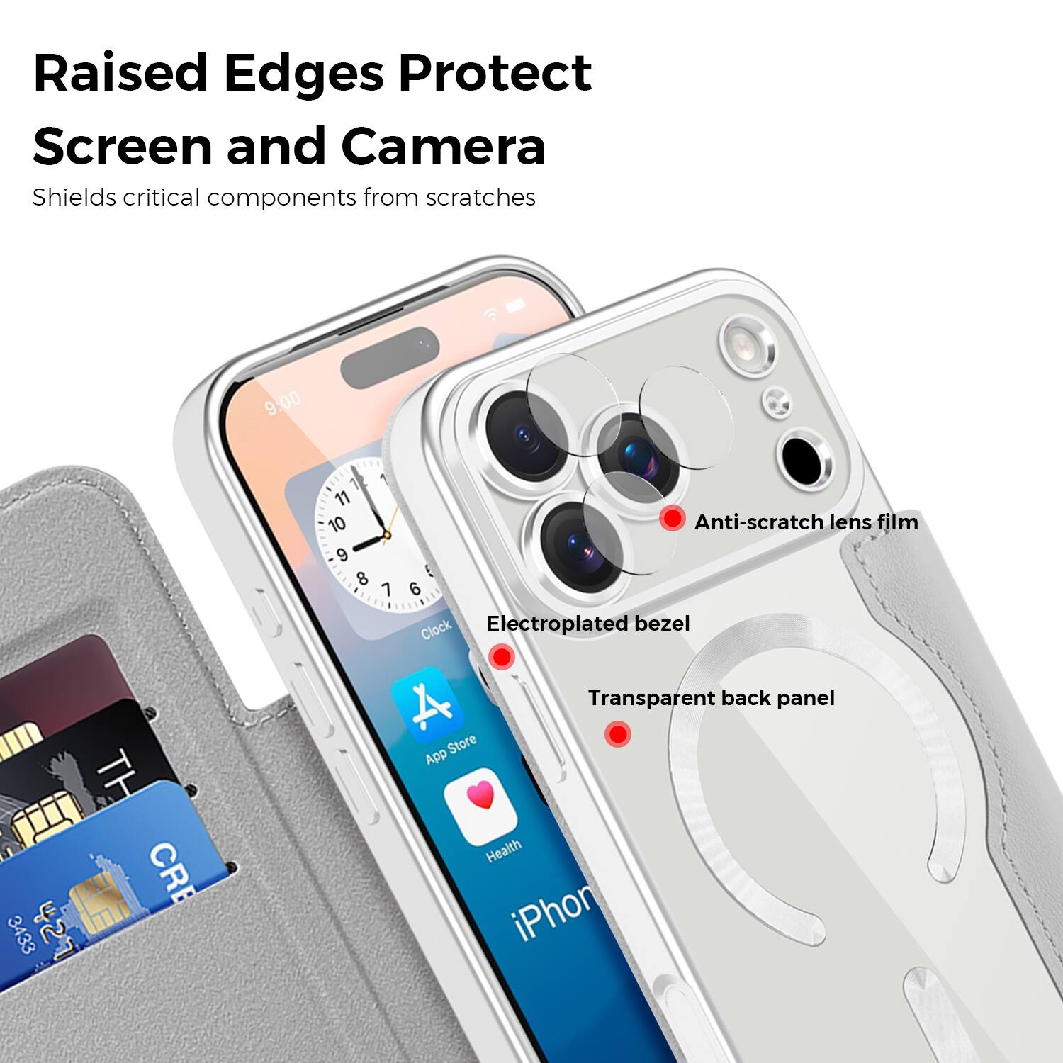 Raised Edges Protect Screen and Camera  
Shields critical components from scratches  

- Anti-scratch lens film  
- Electroplated bezel  
- Transparent back panel