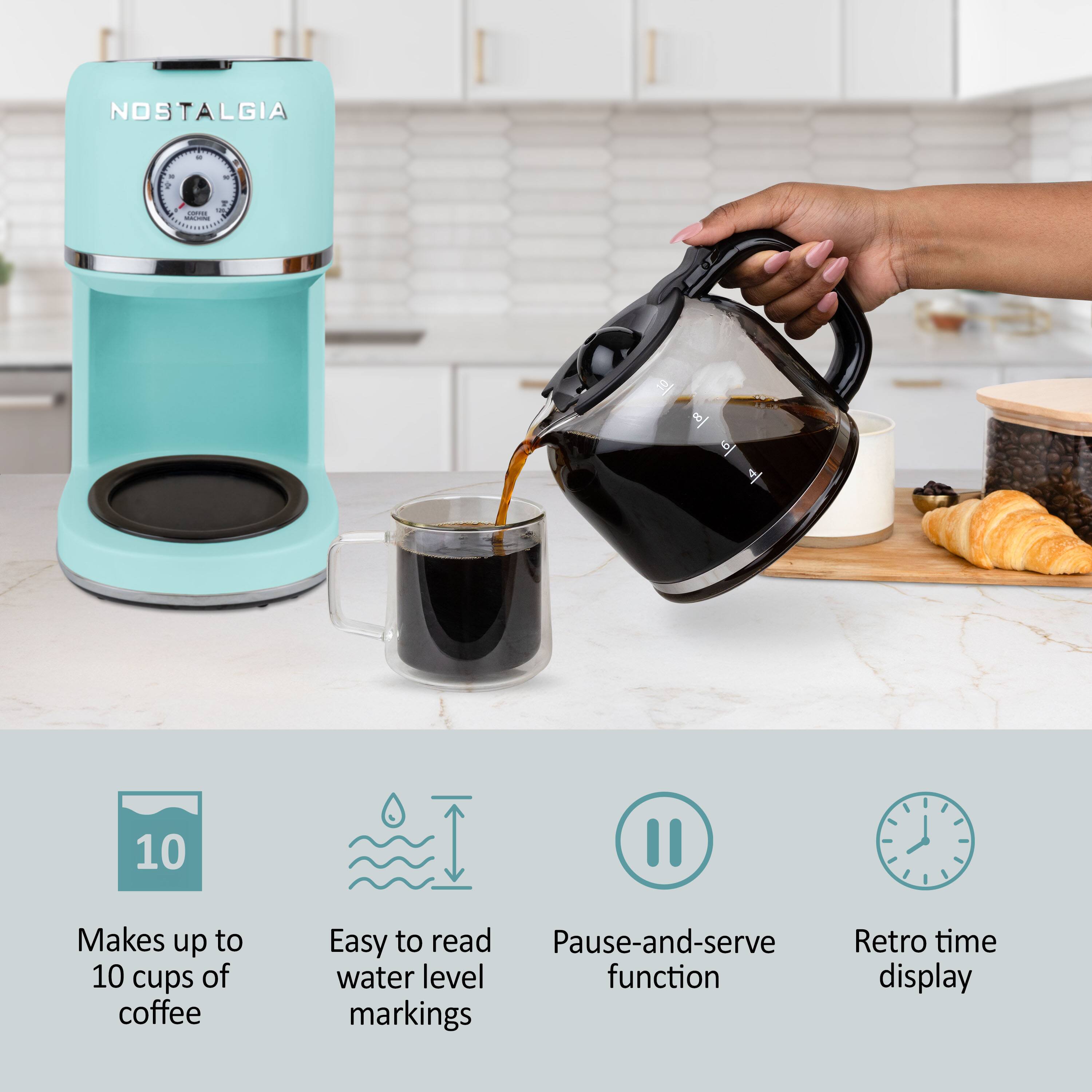 NOSTALGIA  
FROUSER5 V 10

- Makes up to 10 cups of coffee
- Easy to read water level markings
- Pause-and-serve function
- Retro time display