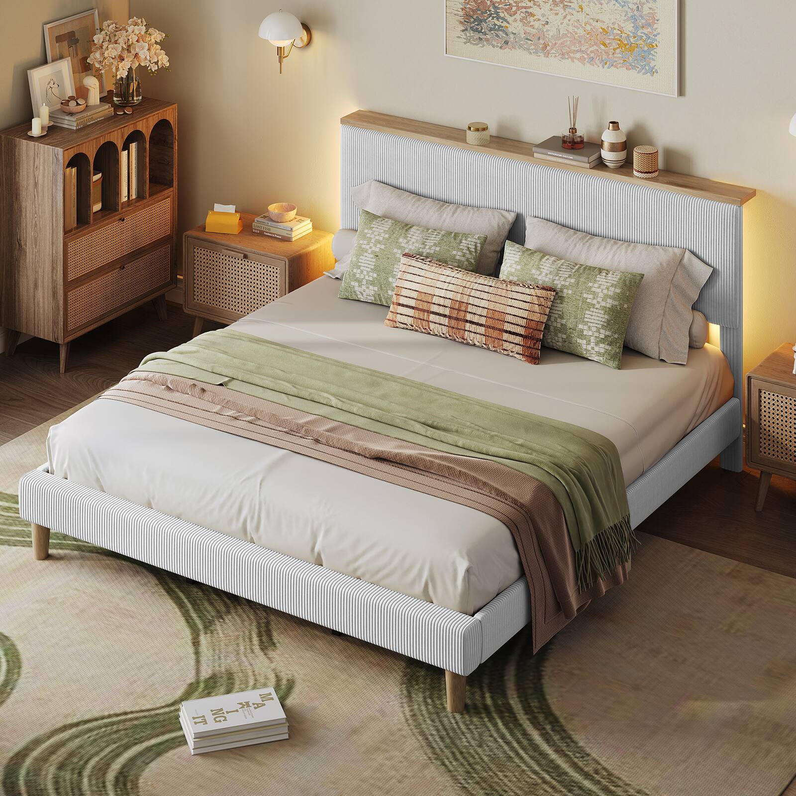 Left. Bestier - King Size Upholstered Platform Bed Frame with LED Lighting and Adjustable Storage Headboard for Bedroom - Light Grey.