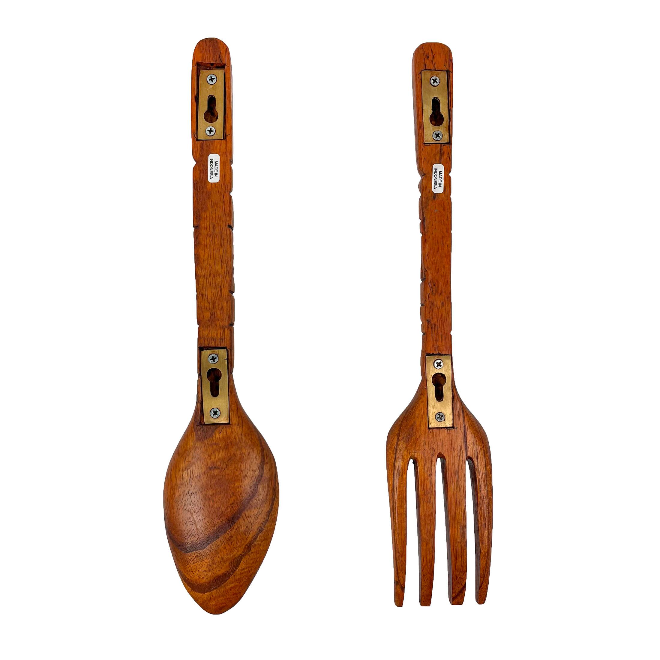 Alt View 5. Zeckos - 16 Inch Carved Tiki Spoon & Fork Wooden Wall Decor Art Utensil Decoration Set - Brown.