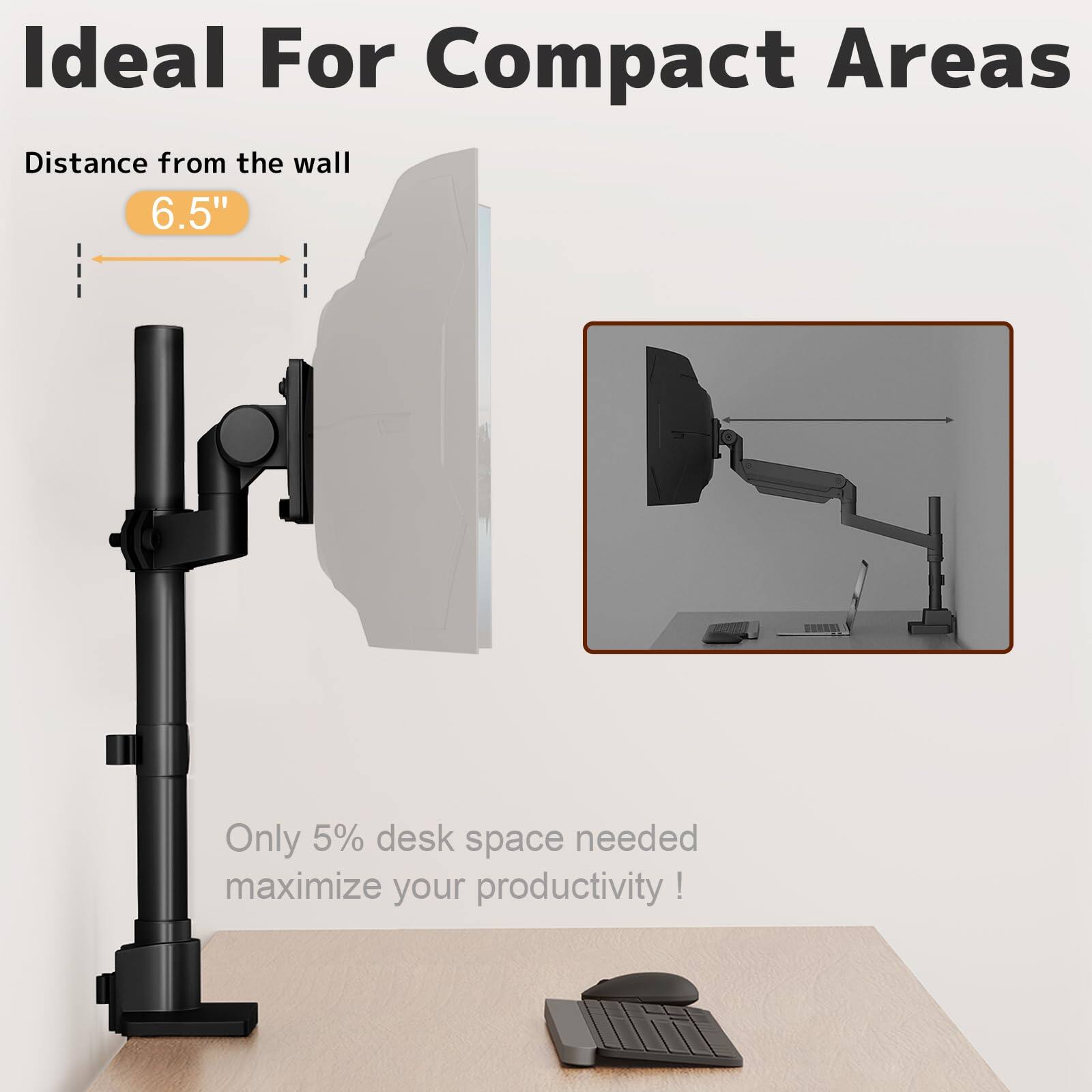 Ideal For Compact Areas

Distance from the wall  
6.5"

Only 5% desk space needed  
maximize your productivity!