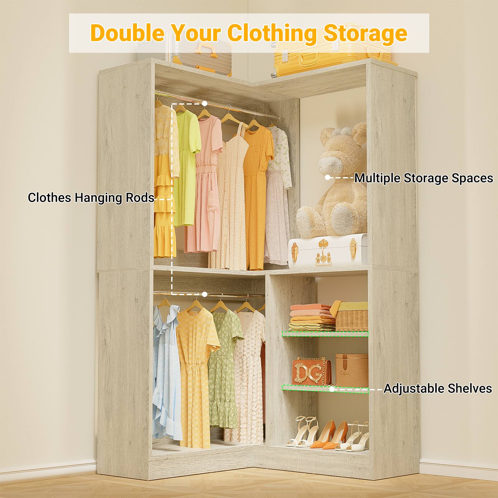 Double Your Clothing Storage

Clothes Hanging Rods

Multiple Storage Spaces

Adjustable Shelves