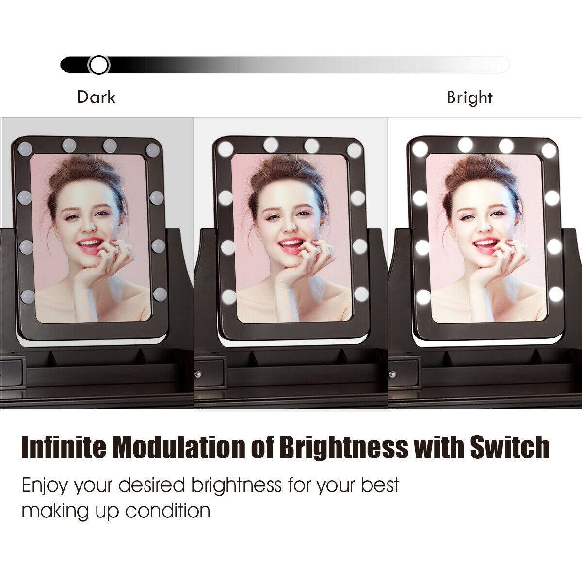 Infinite Modulation of Brightness with Switch, Enjoy your desired brightness for your best making up condition, Dark, Bright