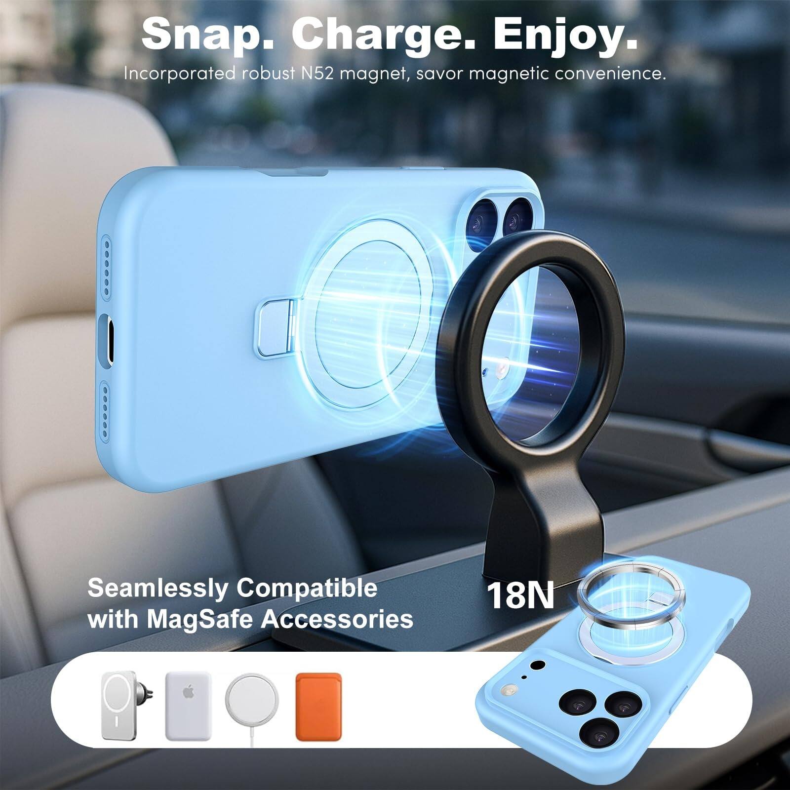 Snap. Charge. Enjoy.  
Incorporated robust N52 magnet, savor magnetic convenience.  

Seamlessly Compatible with MagSafe Accessories  
18N