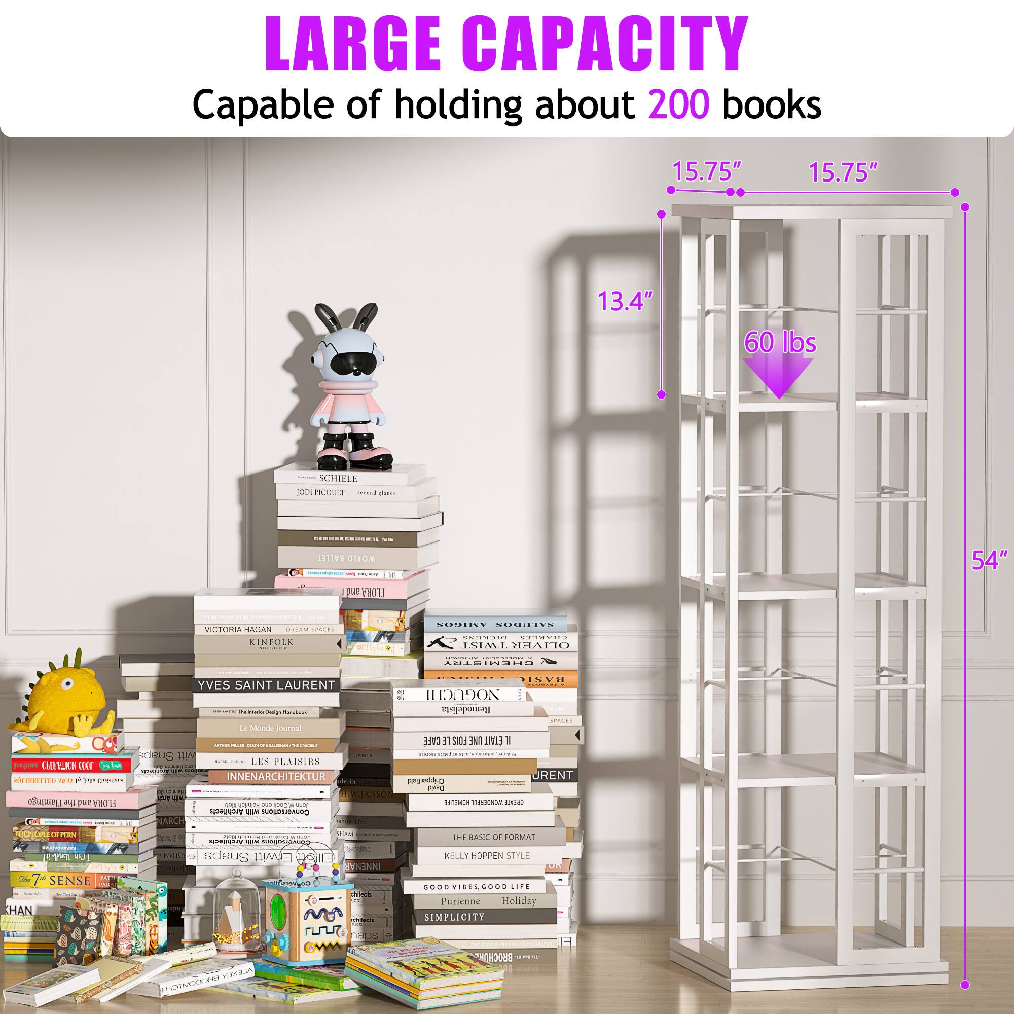 LARGE CAPACITY  
Capable of holding about 200 books  
15.75" x 15.75" x 13.4"  
60 lbs  

SCHIELE  
PRARET  
d COO! - BALLET 180  
-- 54" pur Y201 - VICTOIIA AGAN ...... IACC. LINFOLE I ..N- SURIINN DECKEN .....I.. TWINT /0 | .. ISVU YVES SAINT LAURENT IHDNDON - - - - Remodelista | 2 Mone oumal JUN SI0  LI 1 - I .  . | OEUS witt - - - - LEX PLAIKIES pajres CLRLH DO A  ae - INNENARCHITEKTUR DRENT SDEEUTER .... ine  See n_e  - JANSON Hamingo - Pue VE01i - I - n - nn/ T LTIN Architech - Canvenatan NRC RA  4 SENSE HAN ped mse .. - I | TH BASIC OF FORMAI - - - Snaps Erwitt KEL