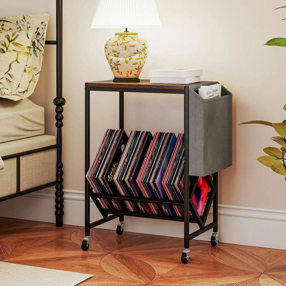 Angle. Kadyn - Rolling 2-Tier Turntable Stand with Vinyl Storage and Magazine Rack, Rustic Brown - Brown.