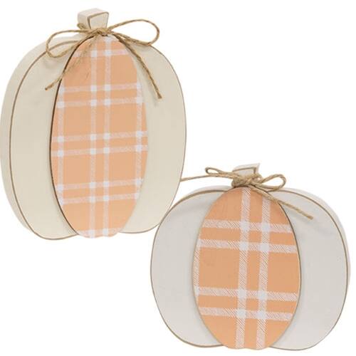 BreeBe - *Cream & Orange Plaid Wooden Pumpkin Sitter 2 Asstd - Ivory, Orange