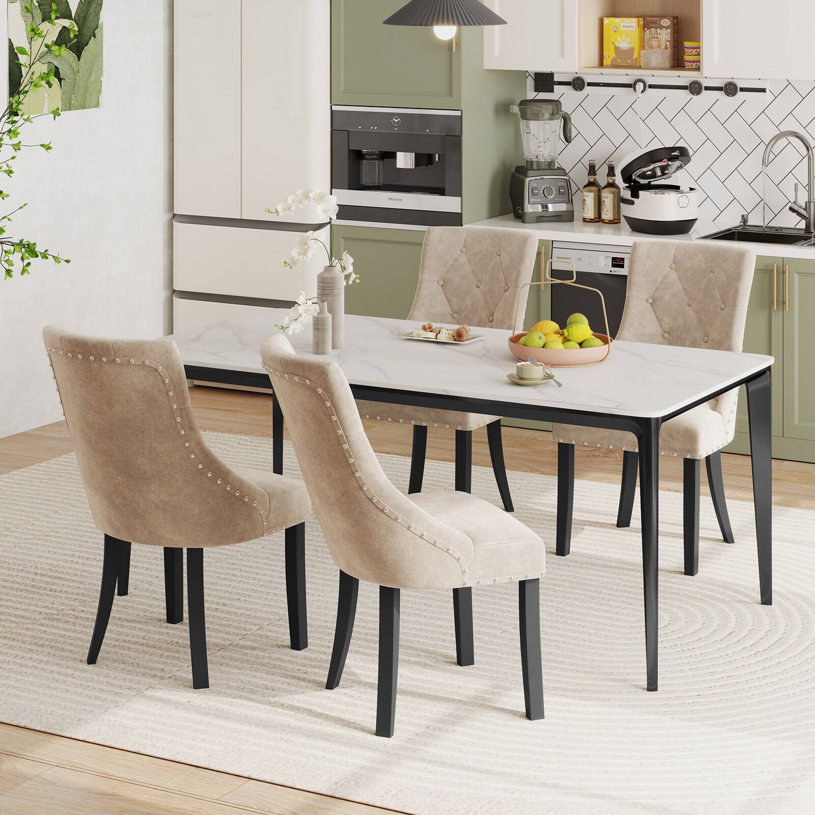 Alt View 3. Gymax - Gymax Upholstered Dining Chairs Set of 4 Tufted Wingback Chairs w/ Solid Wood Legs - Cream.