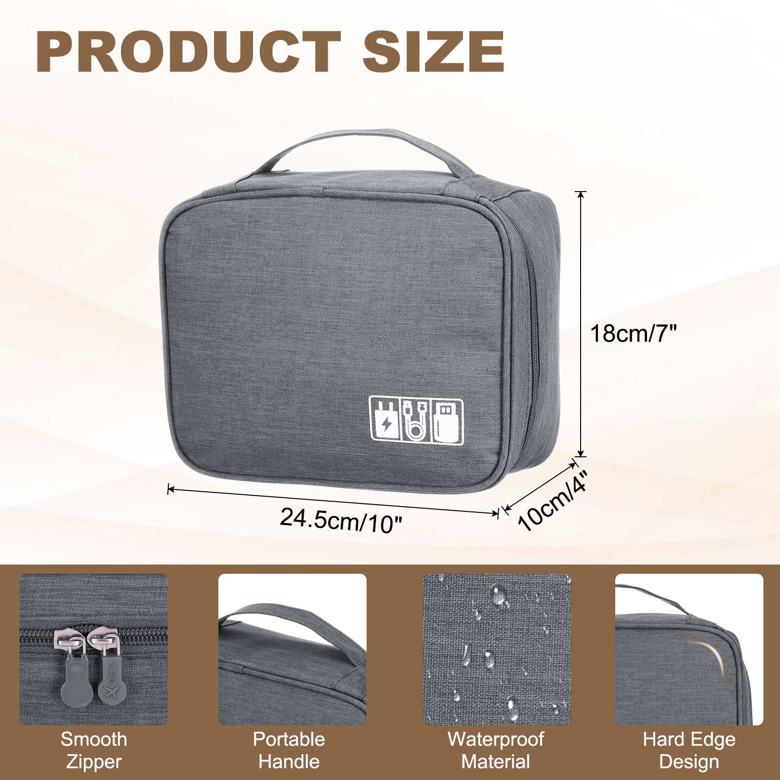 PRODUCT SIZE

18cm/7"  
24.5cm/10"  
10cm/4"

- Smooth Zipper
- Portable Handle
- Waterproof Material
- Hard Edge Design