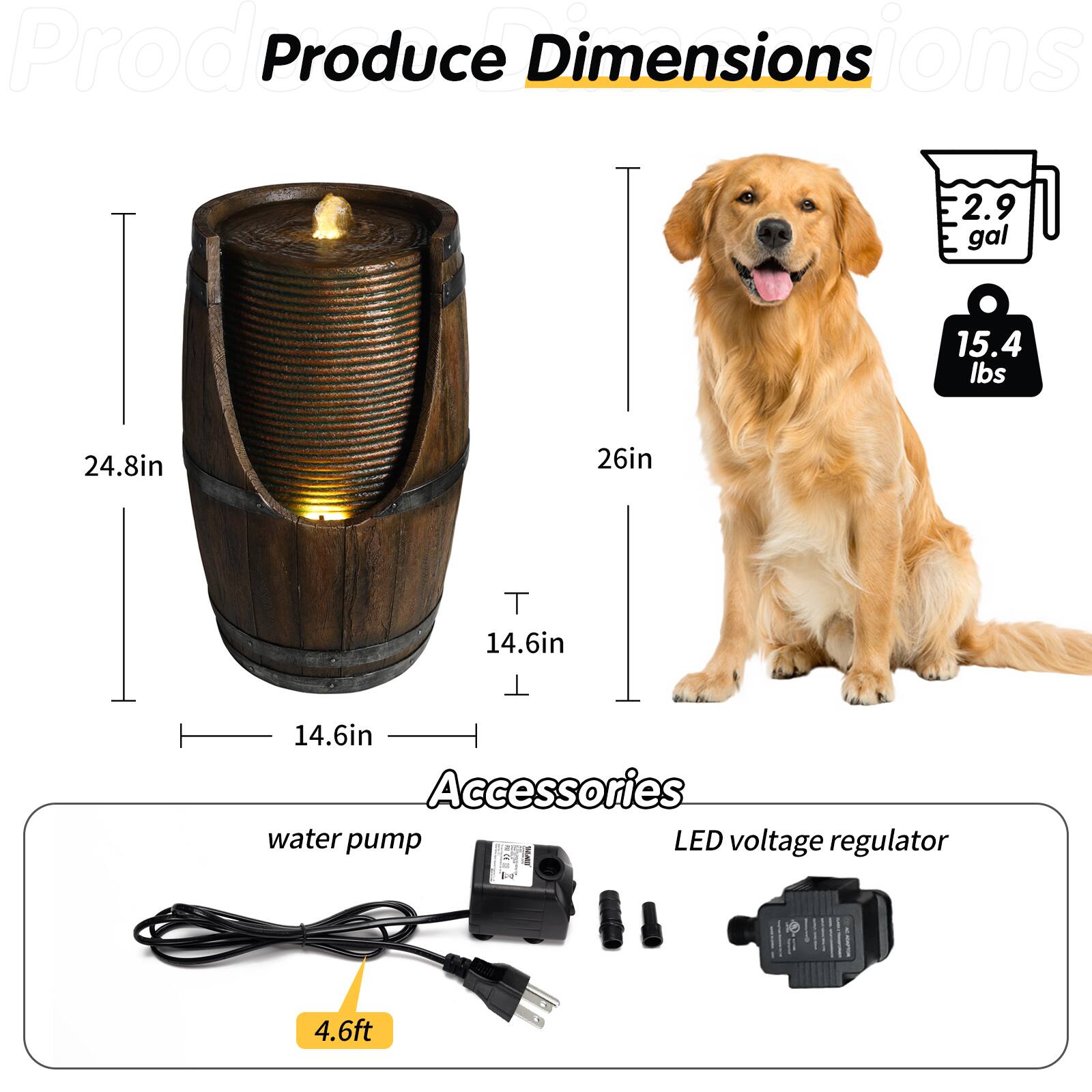 Produce Dimensions

- 2.9 gal
- 15.4 lbs
- 24.8in
- 26in
- 14.6in
- 14.6in

Accessories

- Water pump
- LED voltage regulator
- 4.6ft