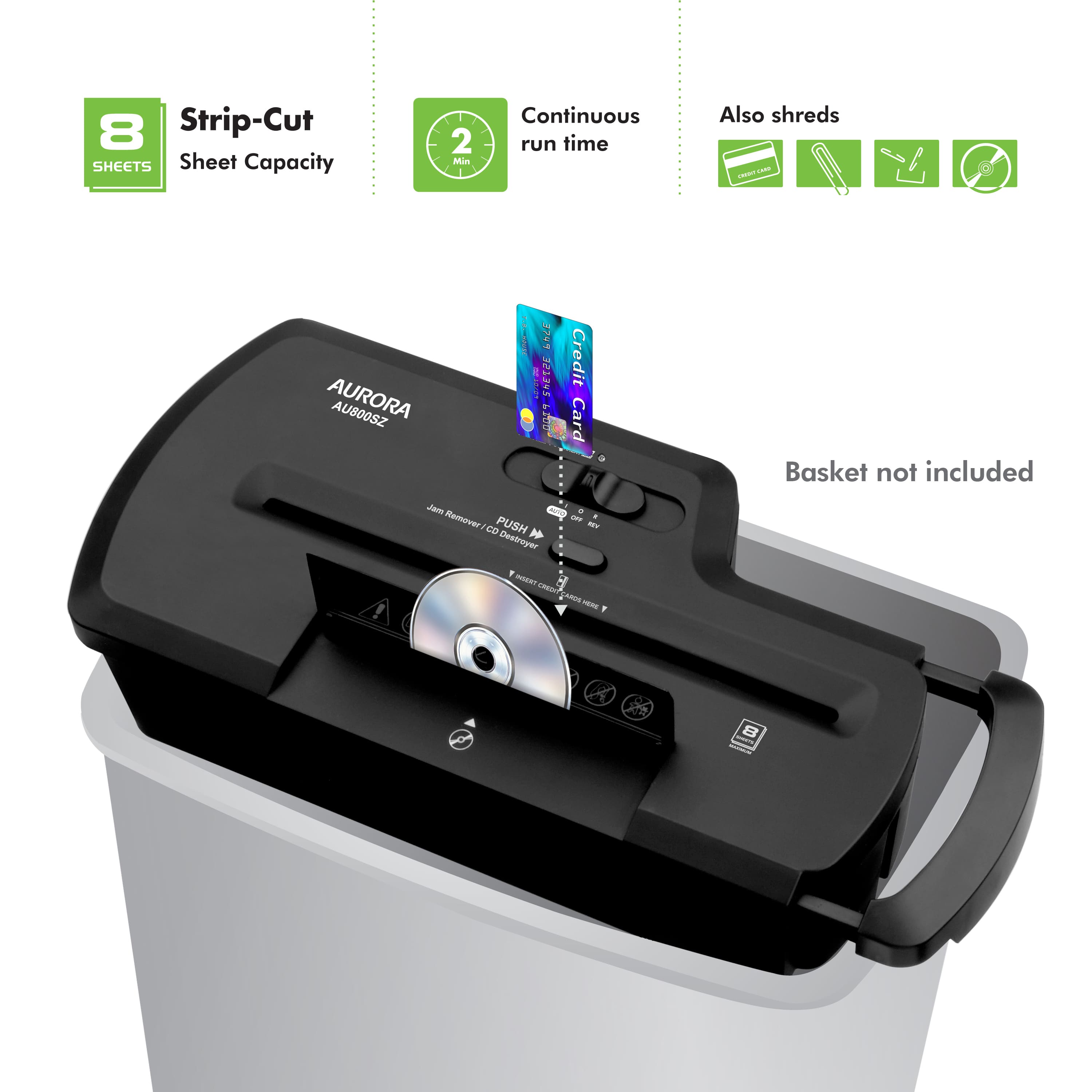 Aurora AU800SZ Professional 8 Sheet Strip Cut Paper Shredder/CD