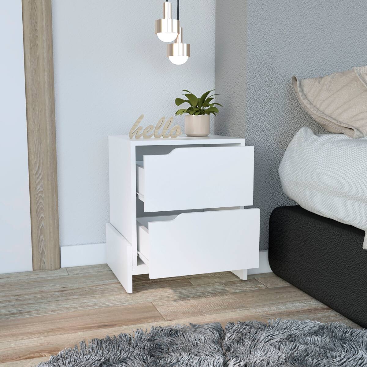 Back. Loheer - Loheer White Modern Nightstand with Two Drawers and Shelf, Engineered Wood Bedroom Bedside Table - White.