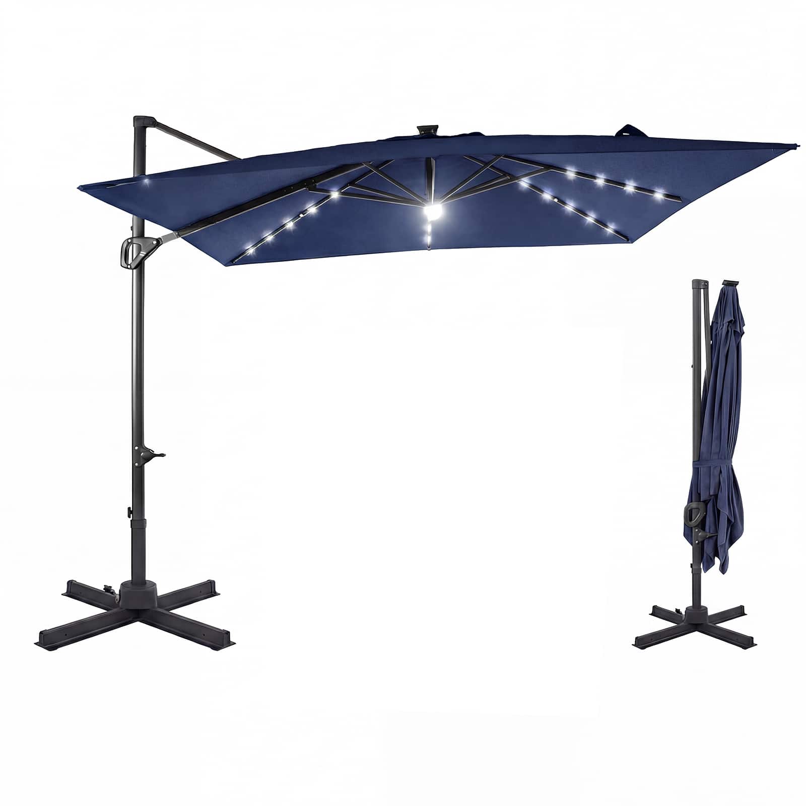 Gymax - Cantilever Patio Umbrella w/ Solar LED Lights Square Offset Hanging Umbrella Navy - Blue